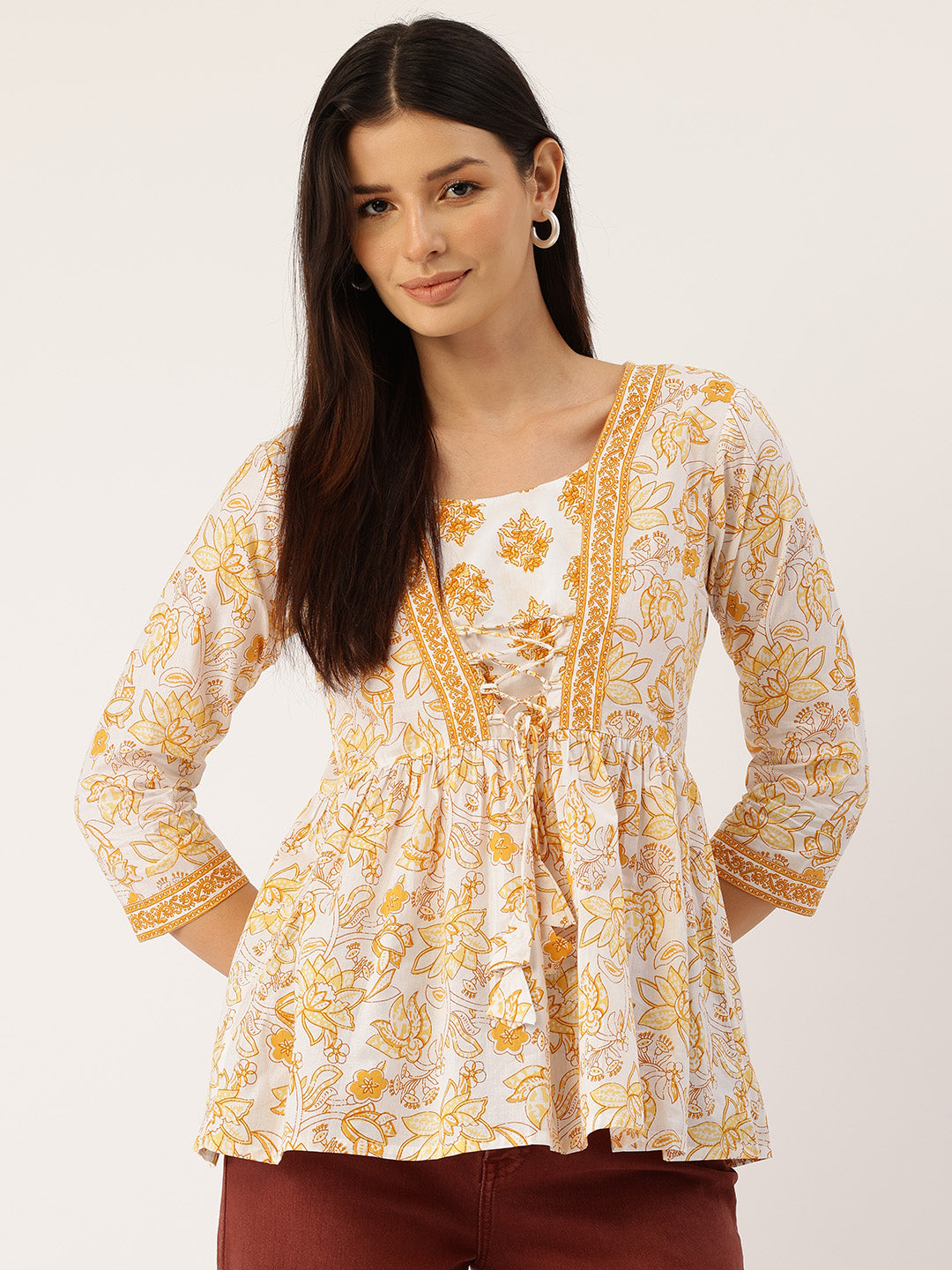 Living Roots Cotton Printed Short Kurti Top for Girls/Women, Casual Wear, 3/4 Sleeve (6584)