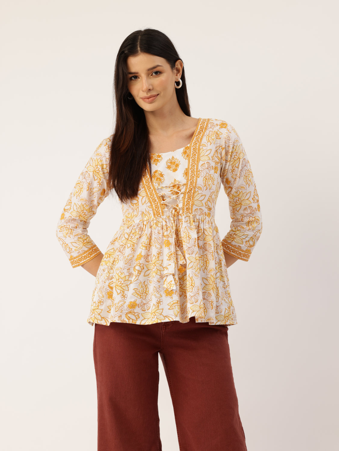 Living Roots Cotton Printed Short Kurti Top for Girls/Women, Casual Wear, 3/4 Sleeve (6584)