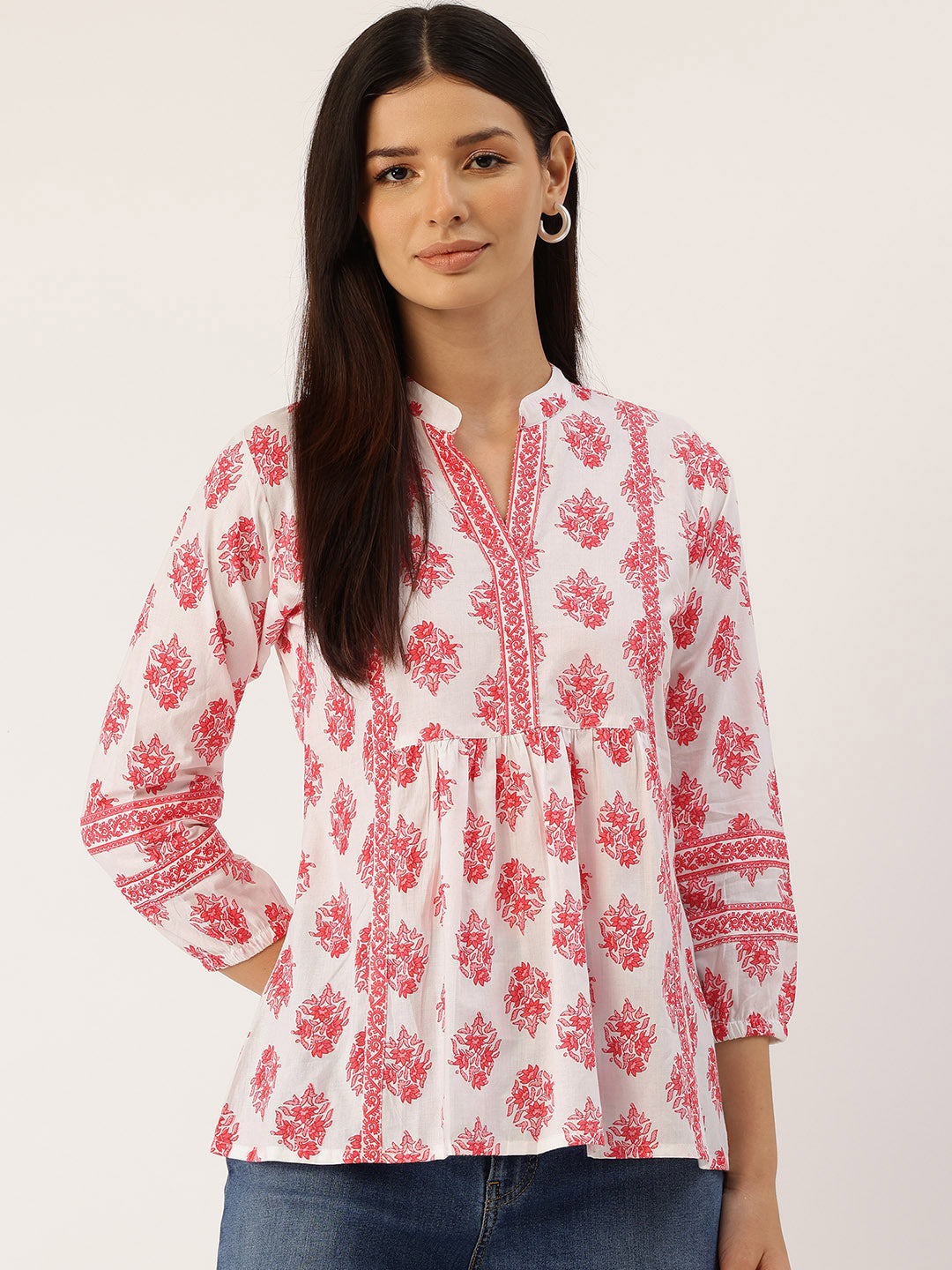 Living Roots Cotton Printed Short Kurti Top for Girls/Women, Casual Wear, 3/4 Sleeve (6586)
