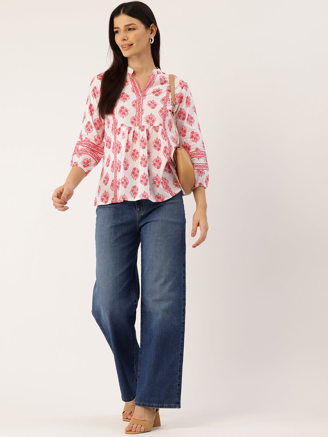 Living Roots Cotton Printed Short Kurti Top for Girls/Women, Casual Wear, 3/4 Sleeve (6586)