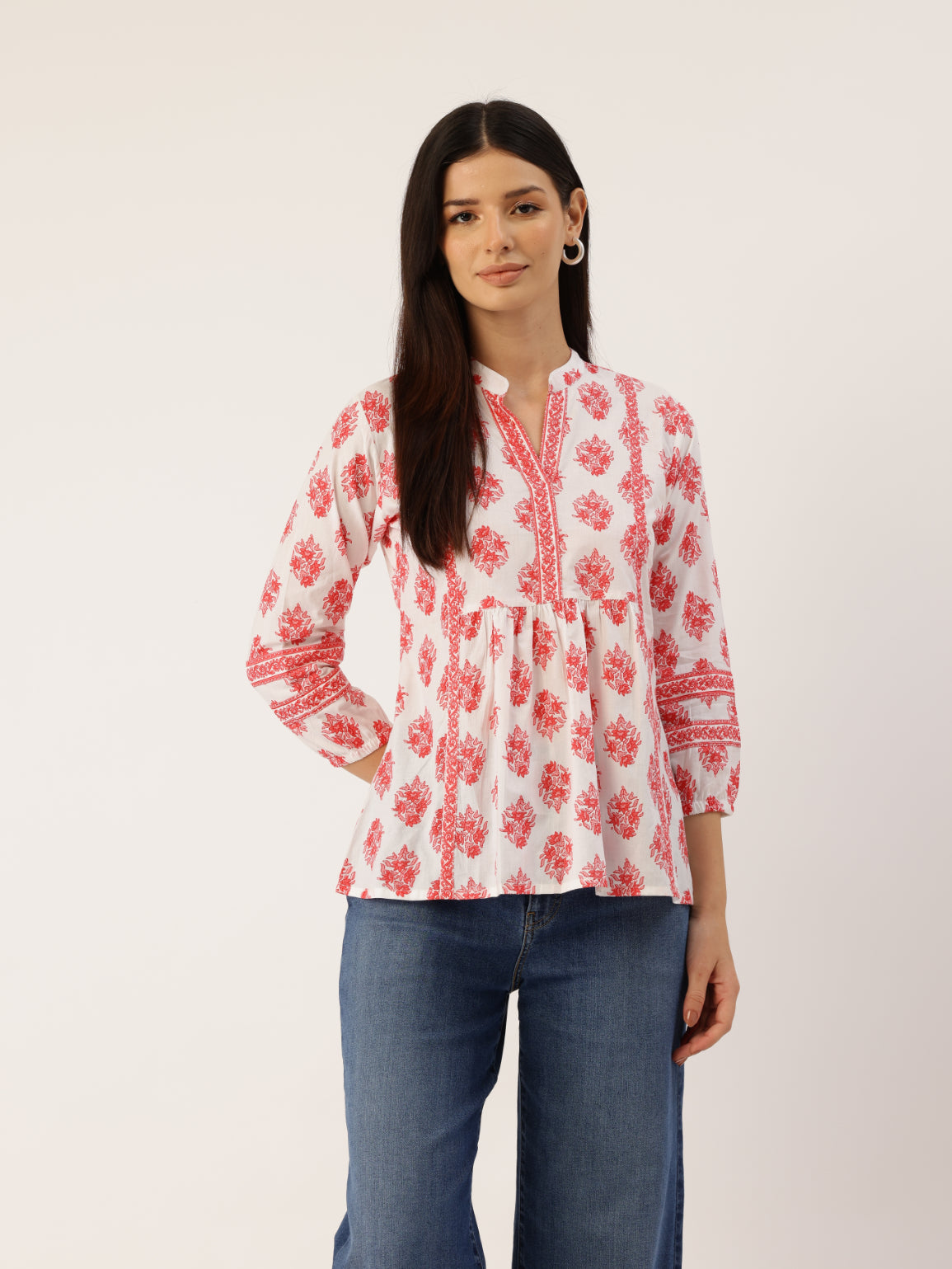 Living Roots Cotton Printed Short Kurti Top for Girls/Women, Casual Wear, 3/4 Sleeve (6586)
