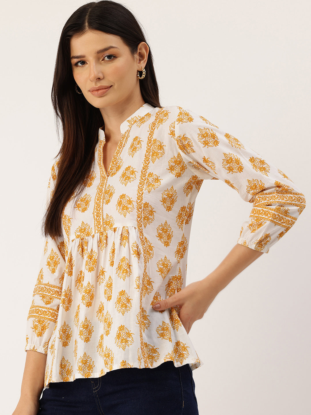 Living Roots Cotton Printed Short Kurti Top for Girls/Women, Casual Wear, 3/4 Sleeve (6587)
