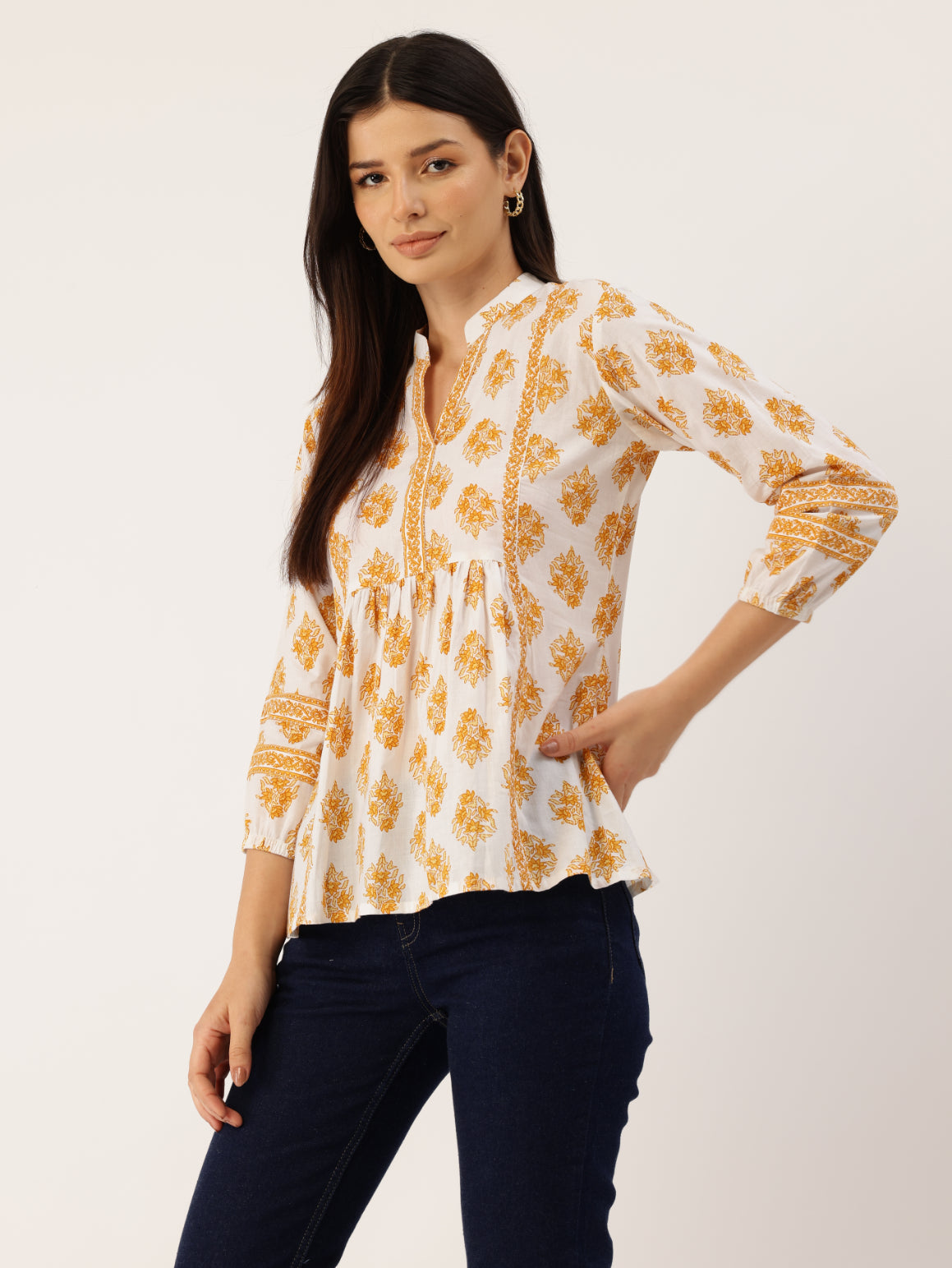 Living Roots Cotton Printed Short Kurti Top for Girls/Women, Casual Wear, 3/4 Sleeve (6587)