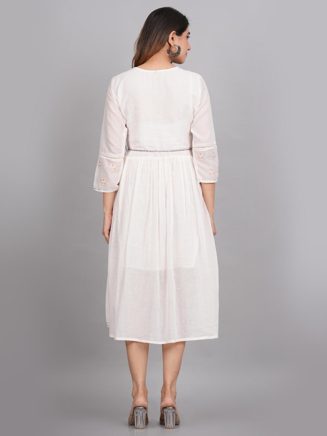 LIVING ROOTS Women White Motifs Embroidered Pure Cotton-One Piece (W-1PC-002-M)