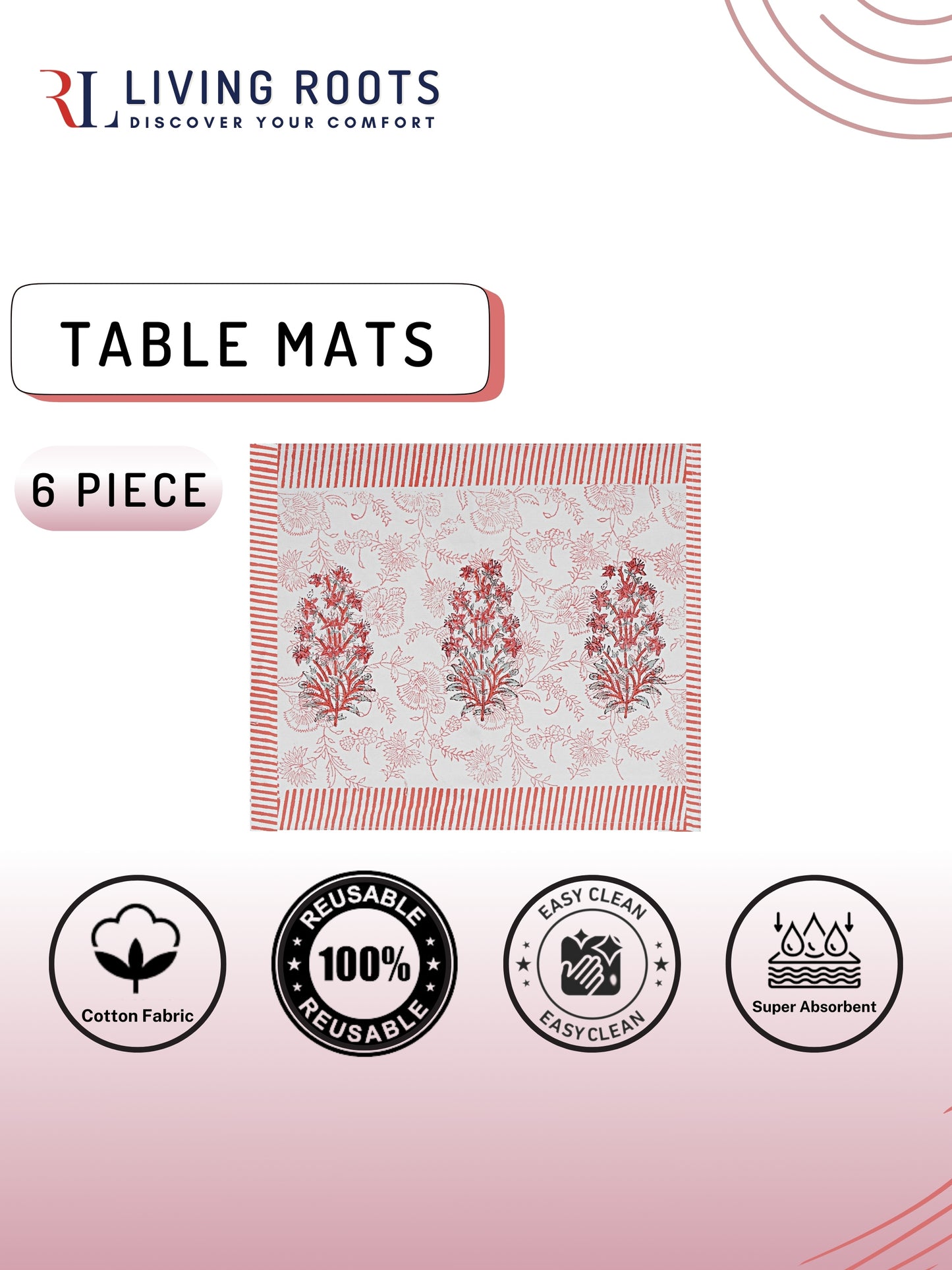 Hand Block Printed Pink & White Table Runner, Mat and Napkin Set for Center/Dining Table (71-FULL13PC-007)