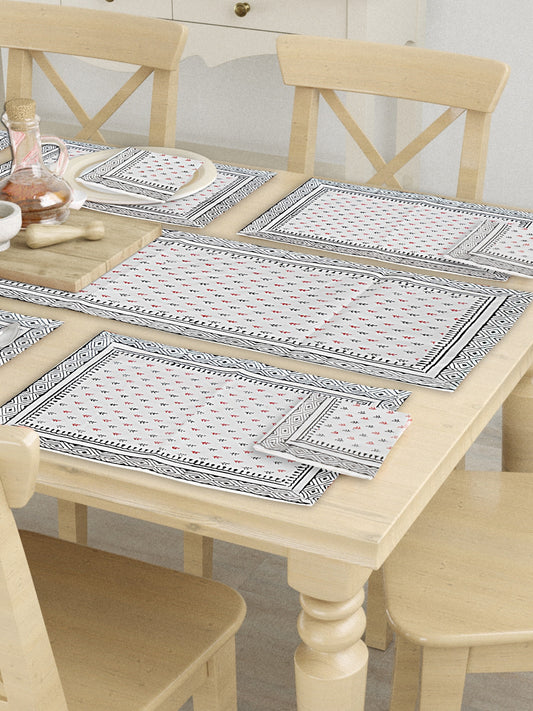 Hand Block Printed Grey & White Table Runner, Mat and Napkin Set for Center/Dining Table (71-FULL13PC-008)