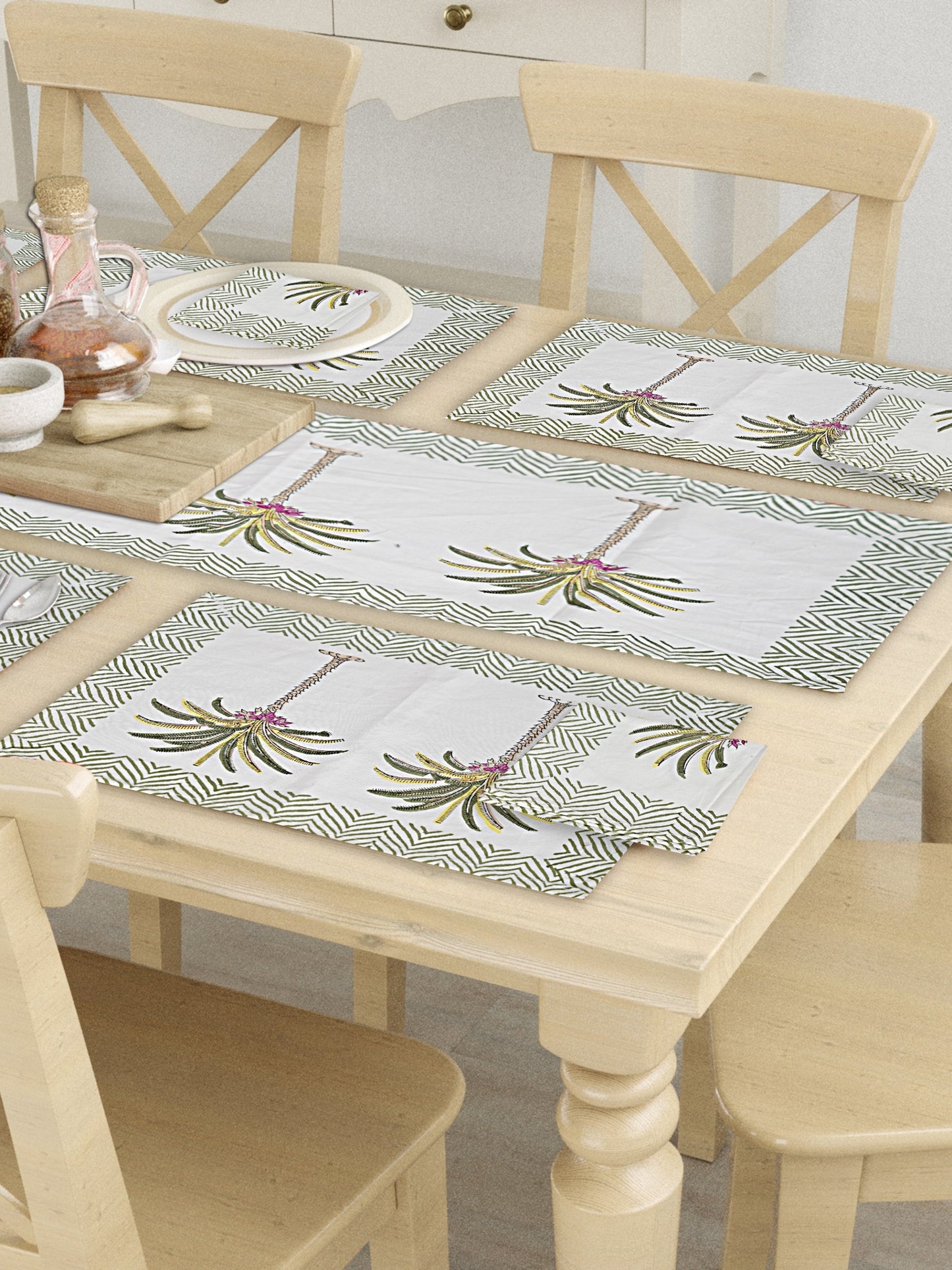 Hand Block Printed Grey & White Table Runner, Mat and Napkin Set for Center/Dining Table (71-FULL13PC-009)