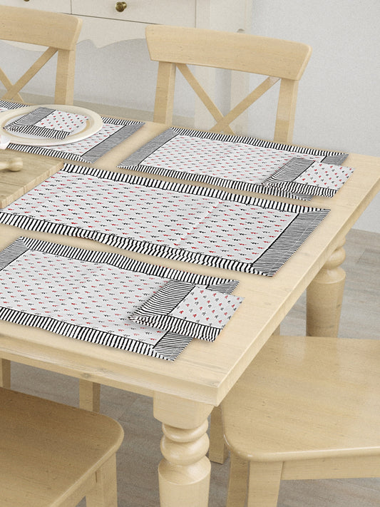 Hand Block Printed Grey & White Table Runner, Mat and Napkin Set for Center/Dining Table (71-FULL13PC-010)