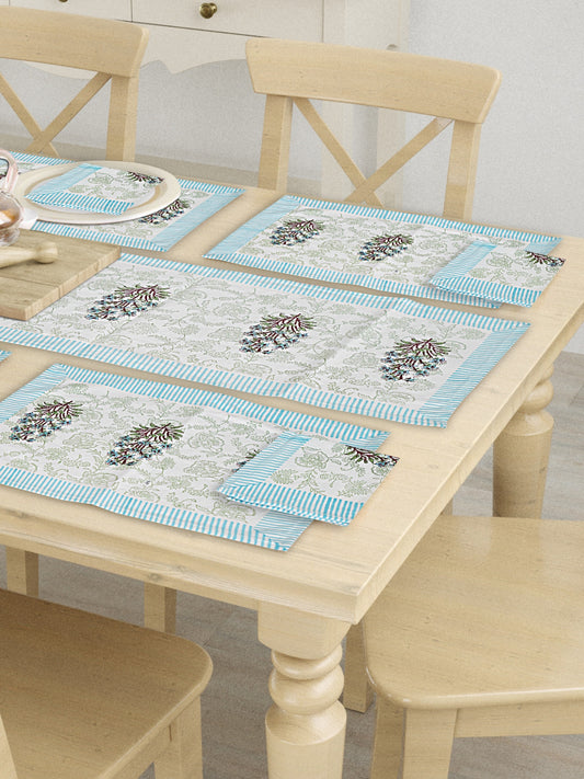 Hand Block Printed Sky Blue & White Table Runner, Mat and Napkin Set for Center/Dining Table (71-FULL13PC-011)