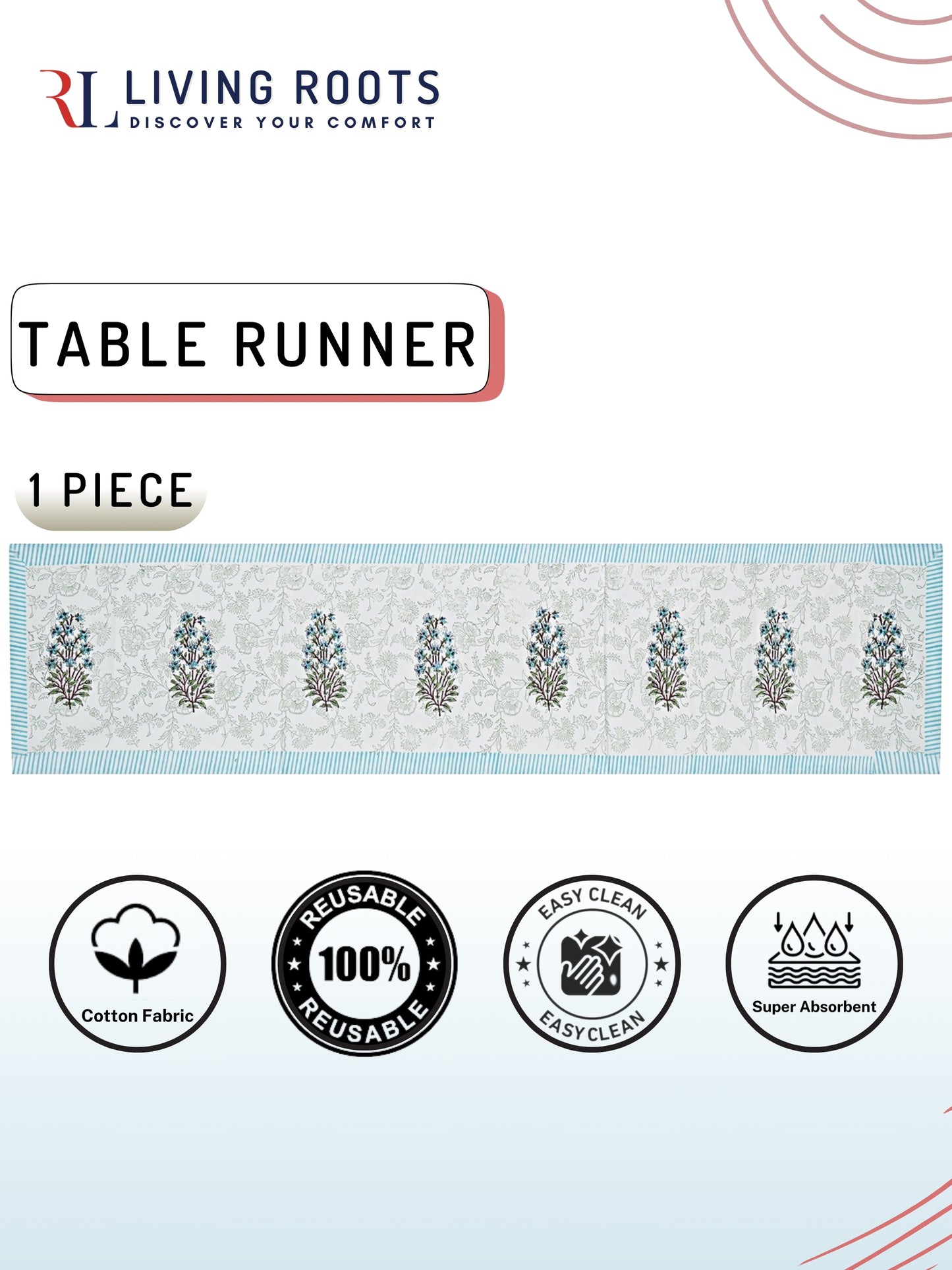 Hand Block Printed Sky Blue & White Table Runner, Mat and Napkin Set for Center/Dining Table (71-FULL13PC-011)