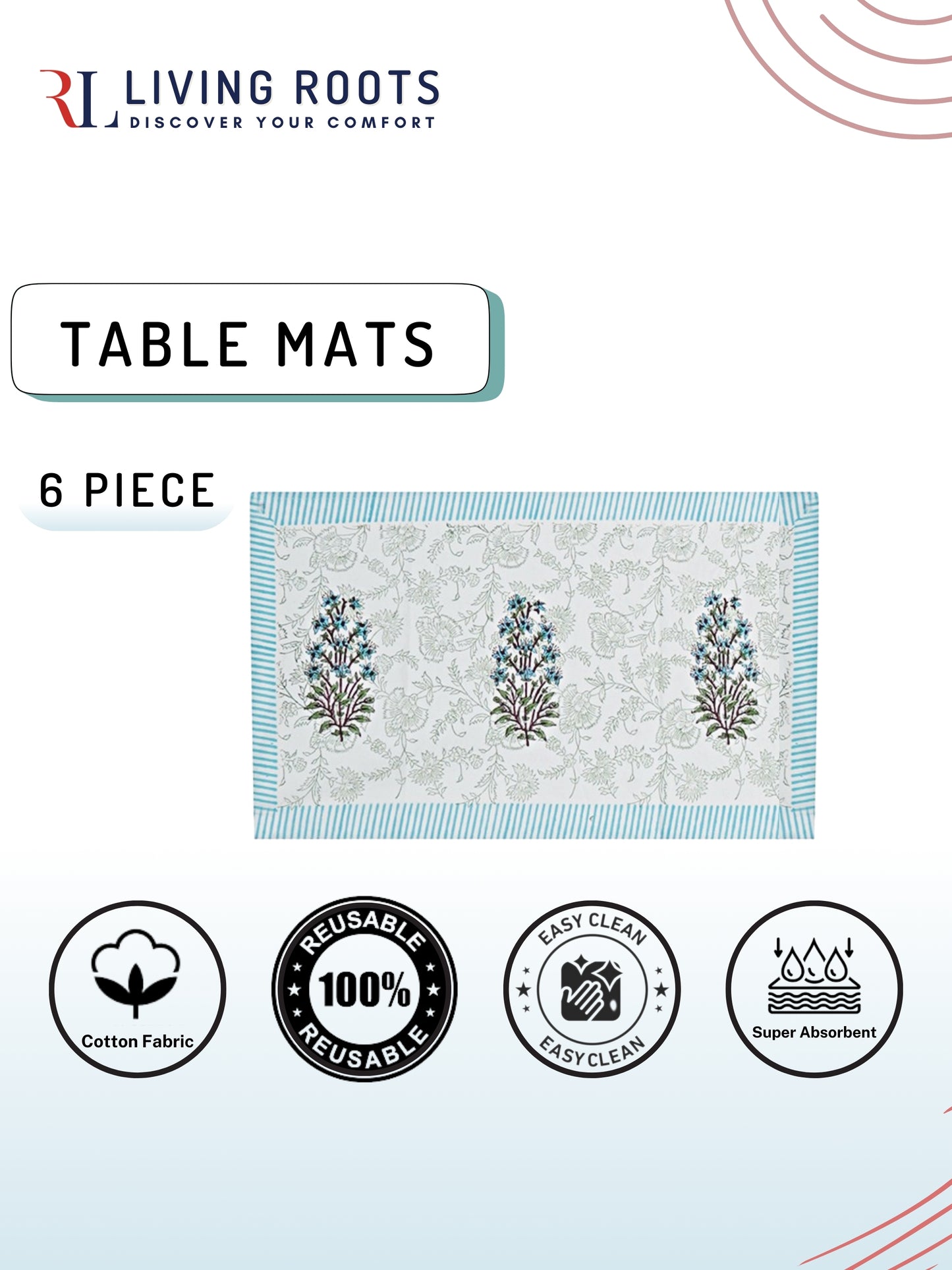 Hand Block Printed Sky Blue & White Table Runner, Mat and Napkin Set for Center/Dining Table (71-FULL13PC-011)