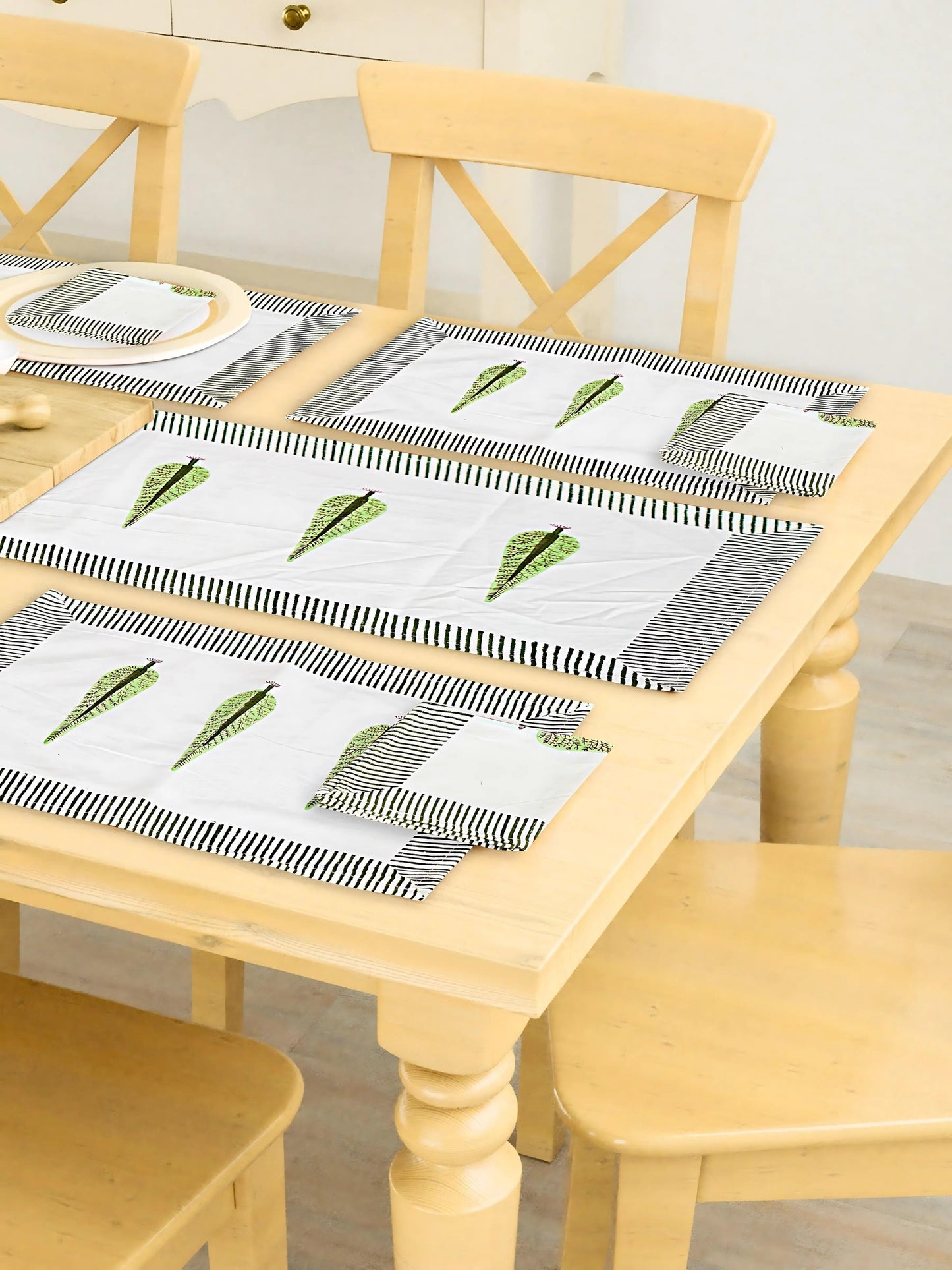 Hand Block Printed Green & White Table Runner, Mat and Napkin Set for Center/Dining Table (71-FULL13PC-012)