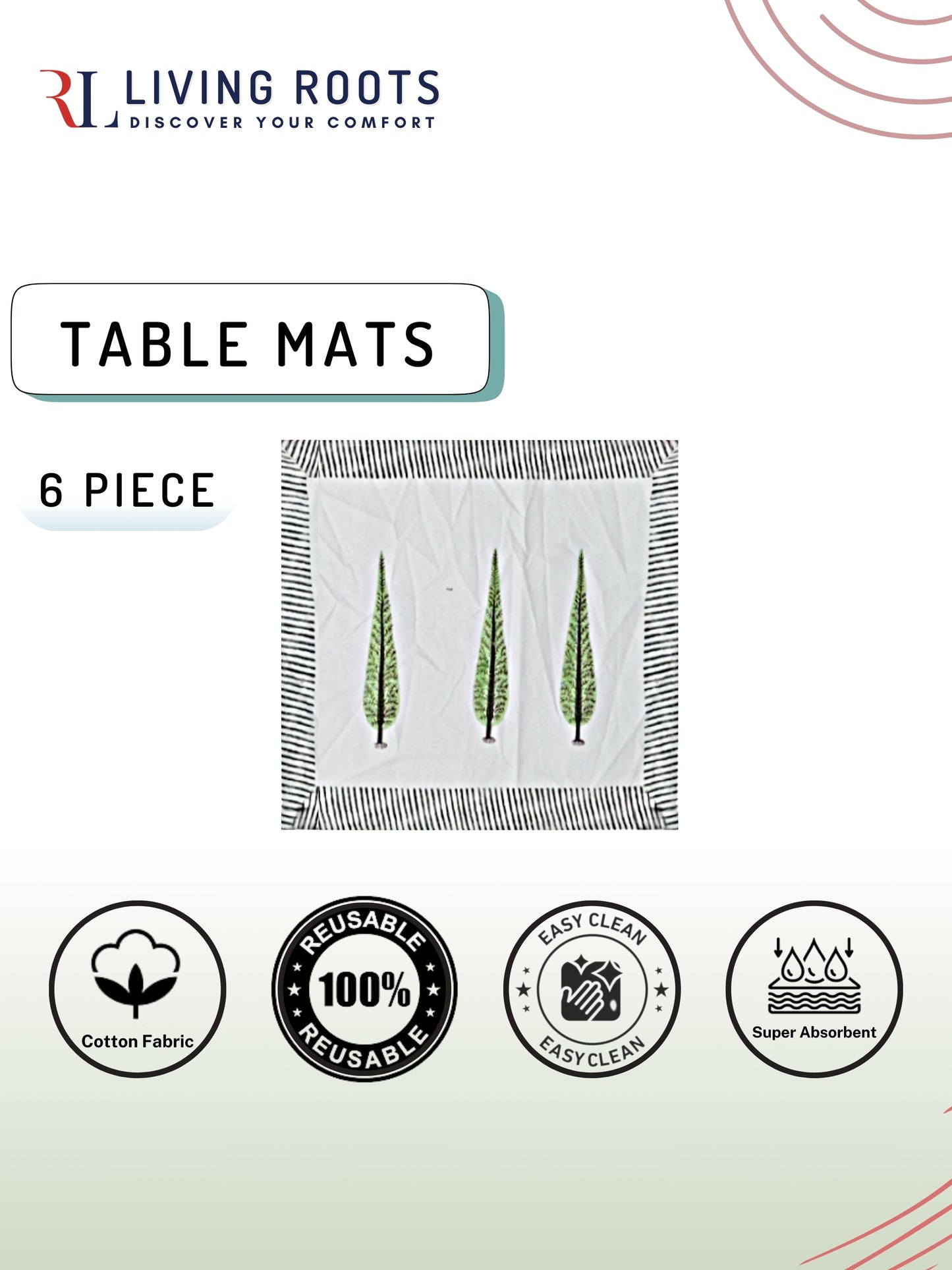 Hand Block Printed Green & White Table Runner, Mat and Napkin Set for Center/Dining Table (71-FULL13PC-012)