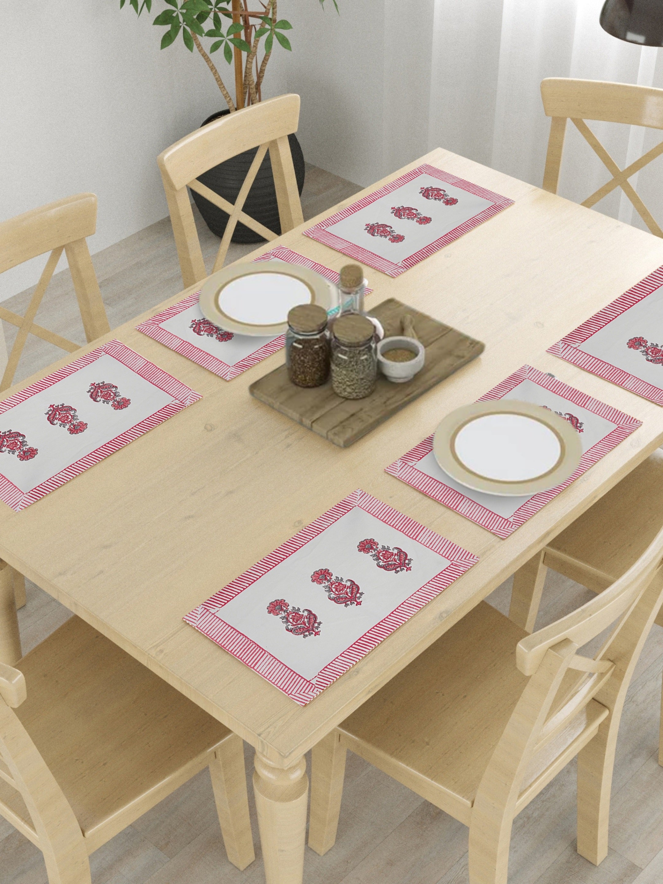Living Roots Canvas Cotton Table Mats(6 Piece) White & Pink, Table Placemats, Elegant Dining Dcor | Wipeable | Heat-Resistant | Easy to Maintain - Perfect for Protecting Your Dining Table (71-MAT6PC-006)