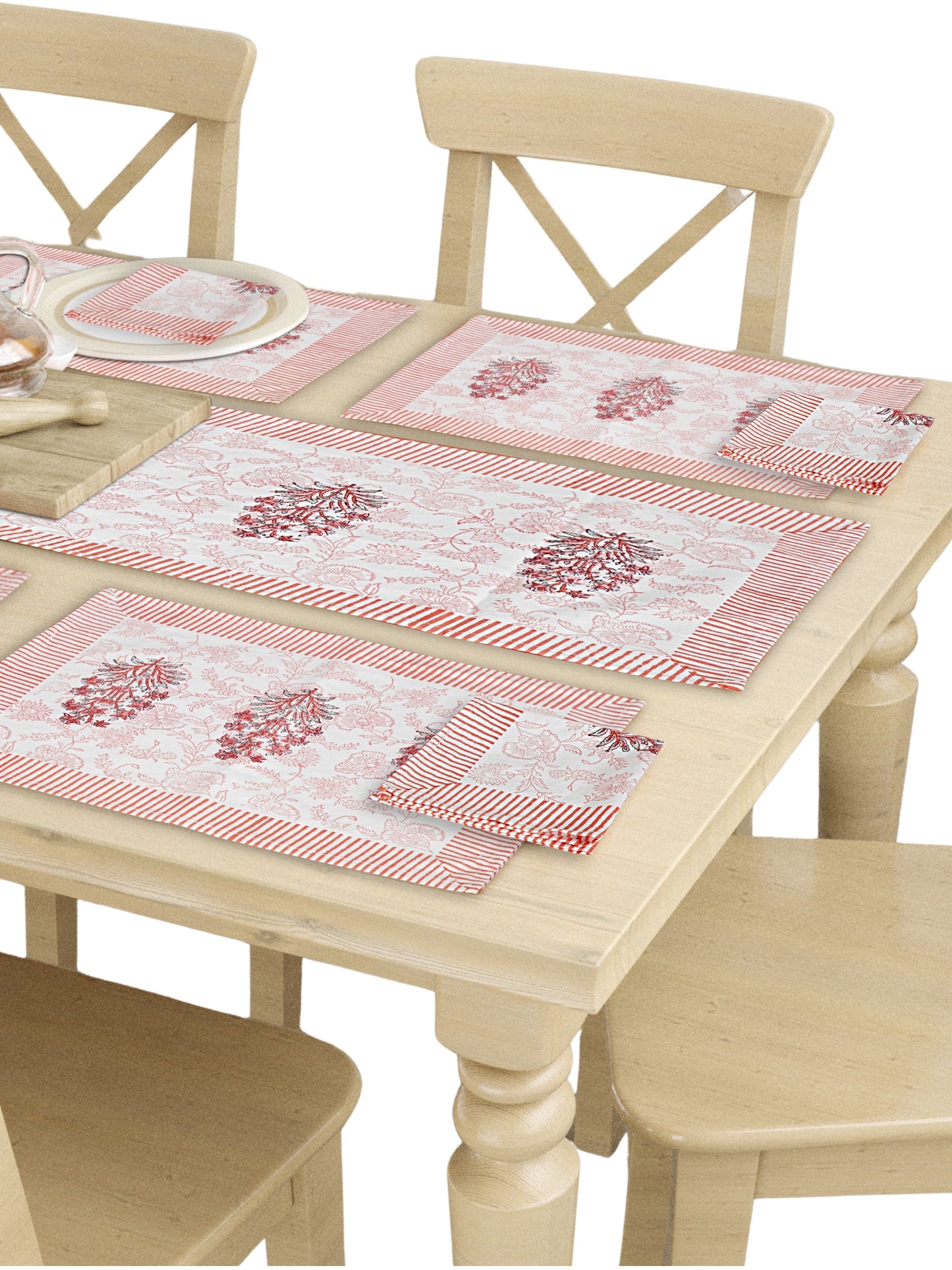 Hand Block Printed Pink & White Table Runner, Mat and Napkin Set for Center/Dining Table (71-FULL13PC-007)