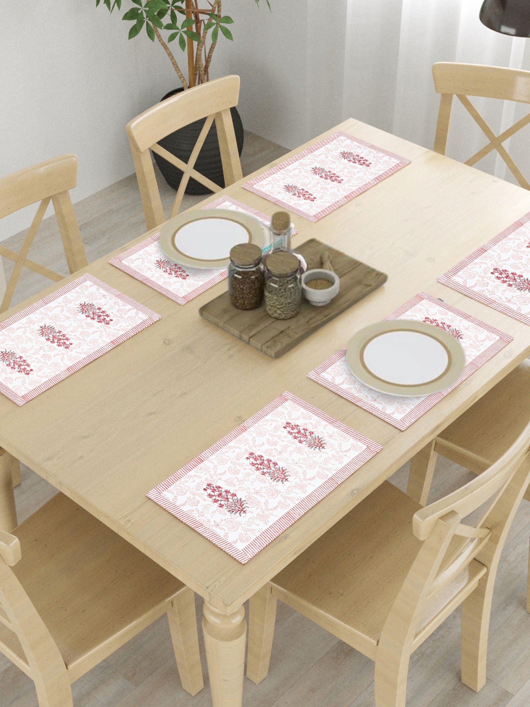 Living Roots Canvas Cotton Table Mats(6 Piece) White & Pink, Table Placemats, Elegant Dining Dcor | Wipeable | Heat-Resistant | Easy to Maintain - Perfect for Protecting Your Dining Table (71-MAT6PC-007)
