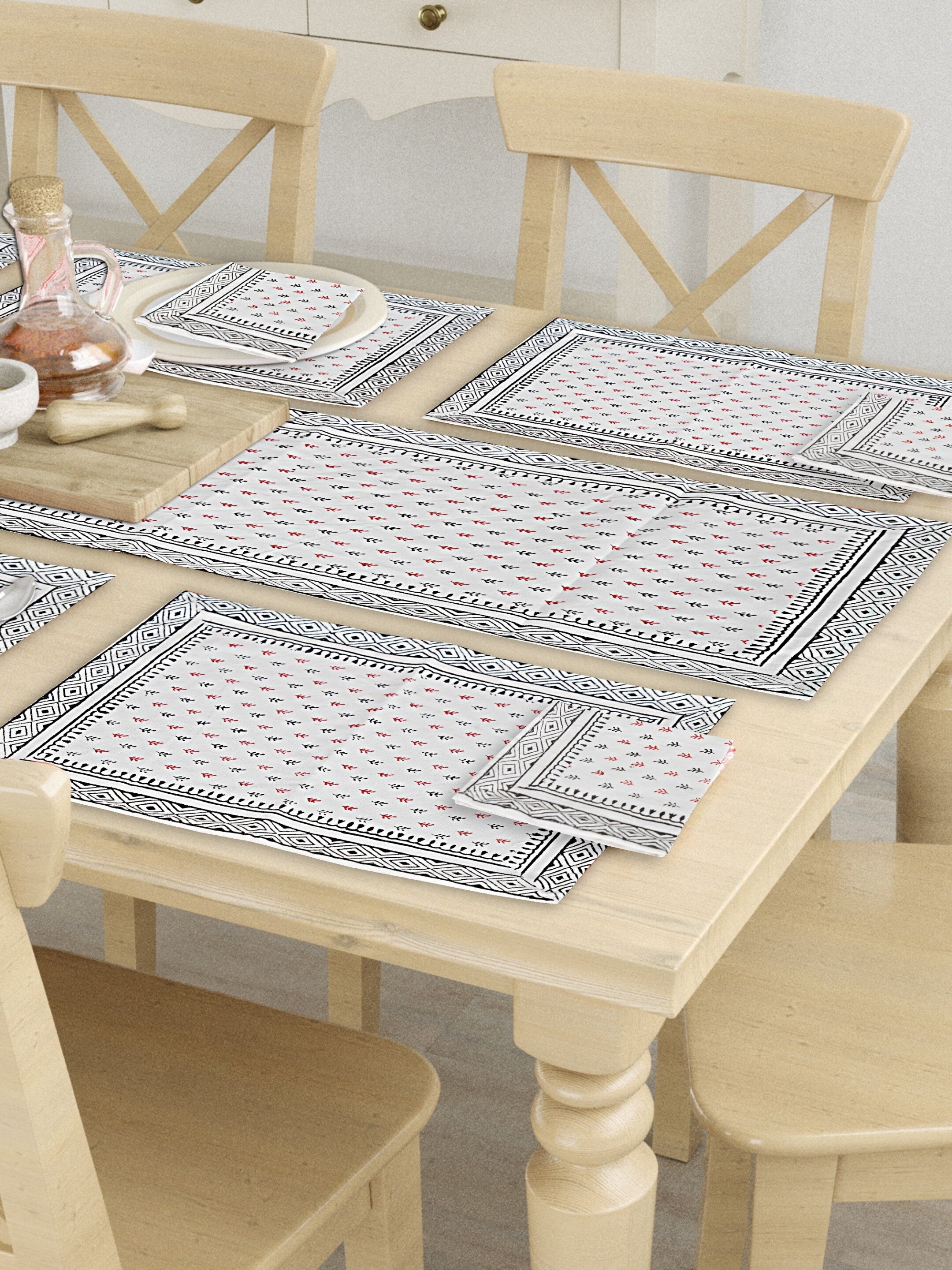 Living Roots Canvas Cotton Table Mats(6 Piece) White & Black, Table Placemats, Elegant Dining Dcor | Wipeable | Heat-Resistant | Easy to Maintain - Perfect for Protecting Your Dining Table (71-MAT6PC-008)