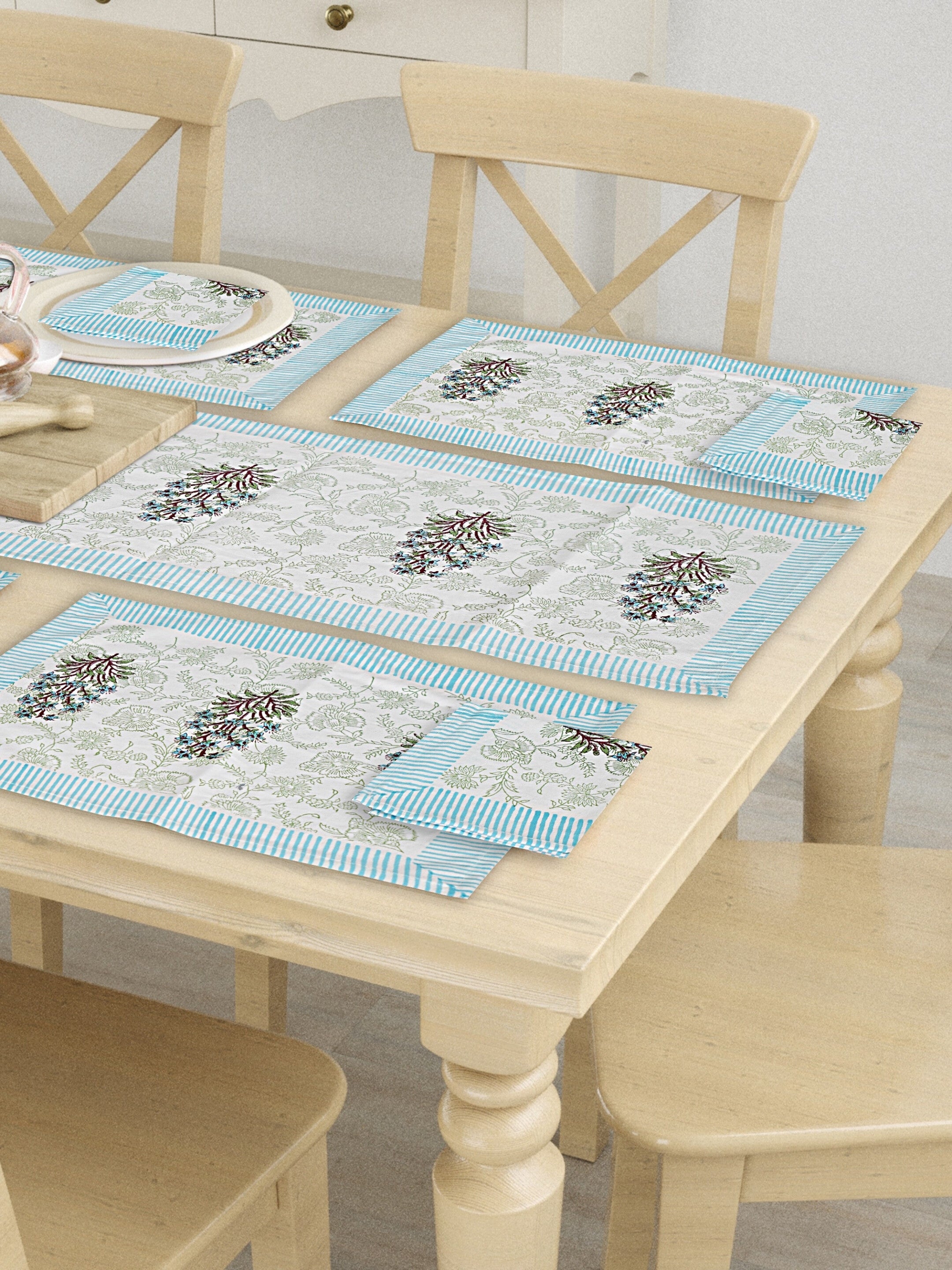 Living Roots Canvas Cotton Table Mats(6 Piece) Blue & White, Table Placemats, Elegant Dining Dcor | Wipeable | Heat-Resistant | Easy to Maintain - Perfect for Protecting Your Dining Table (71-MAT6PC-011)