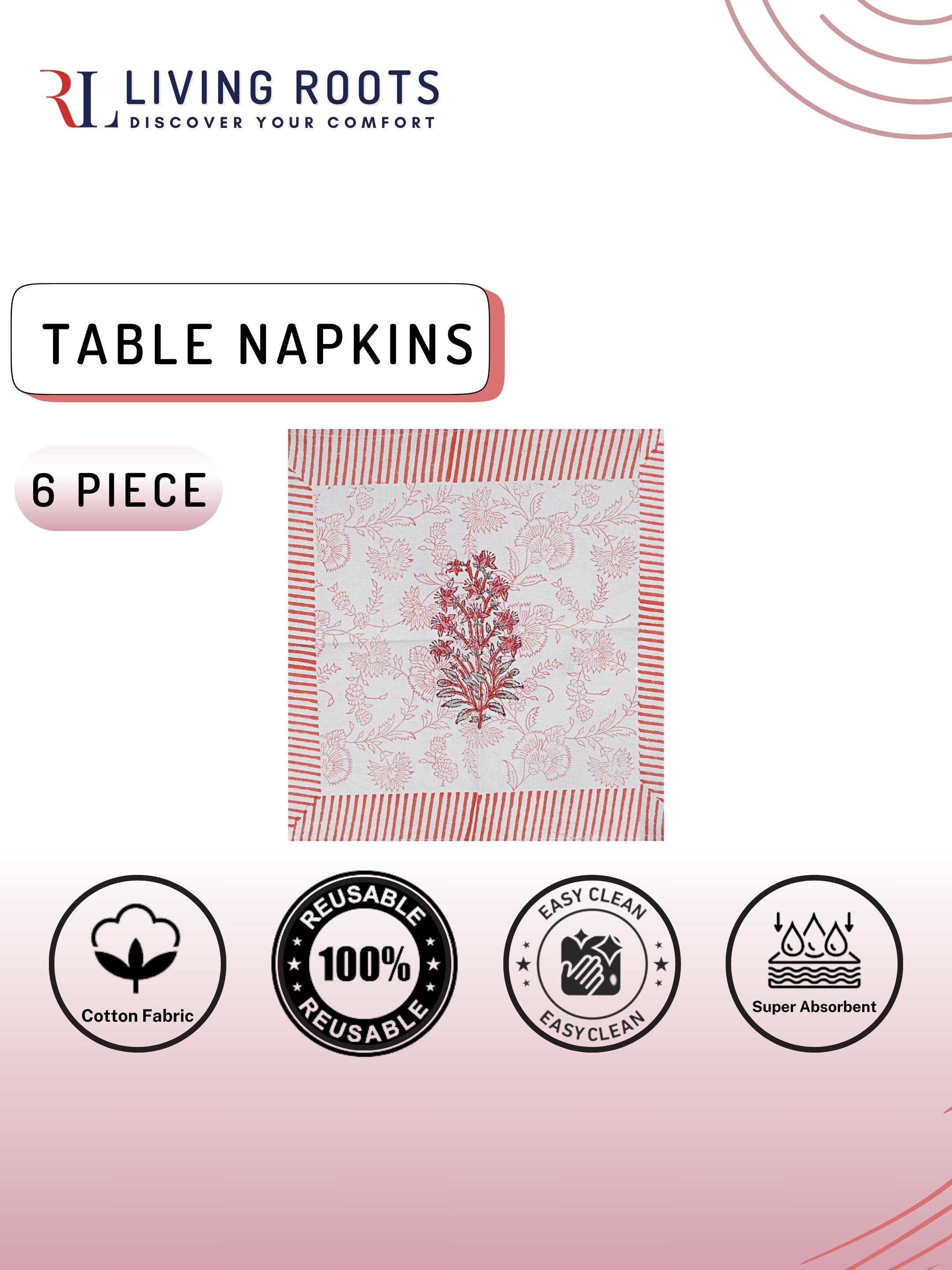 Living Roots Canvas Cotton Table Napkins(6 Piece) White & Pink, Table PlaceNapkins, Elegant Dining Dcor | Wipeable | Heat-Resistant | Easy to Maintain - Perfect for Protecting Your Dining Table (71-NAPKIN6PC-007)