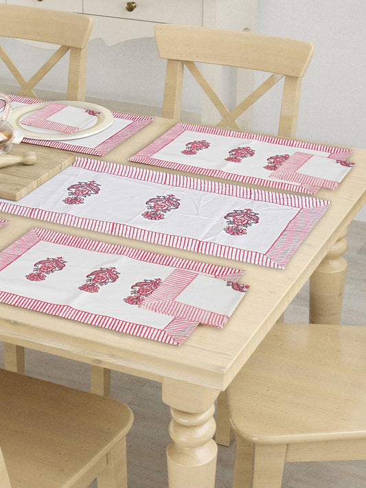 Hand Block Printed Pink & White Table Runner, Mat and Napkin Set for Center/Dining Table (71-FULL13PC-006)