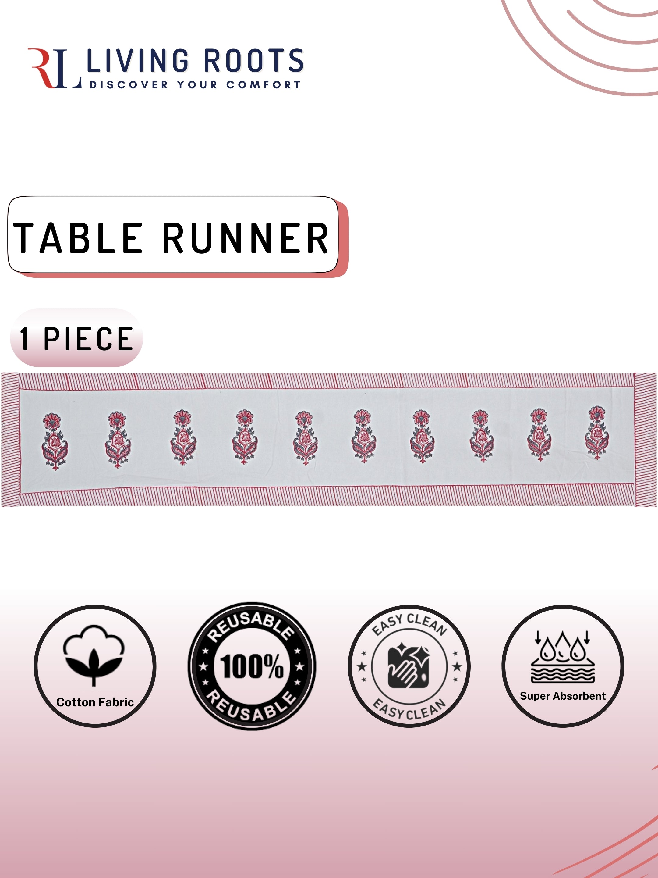Living Roots Canvas Cotton Table Runner(1 Piece) White & Pink, Table Placemats, Elegant Dining Dcor | Wipeable | Heat-Resistant | Easy to Maintain - Perfect for Protecting Your Dining Table (71-RUNNER1PC-006)