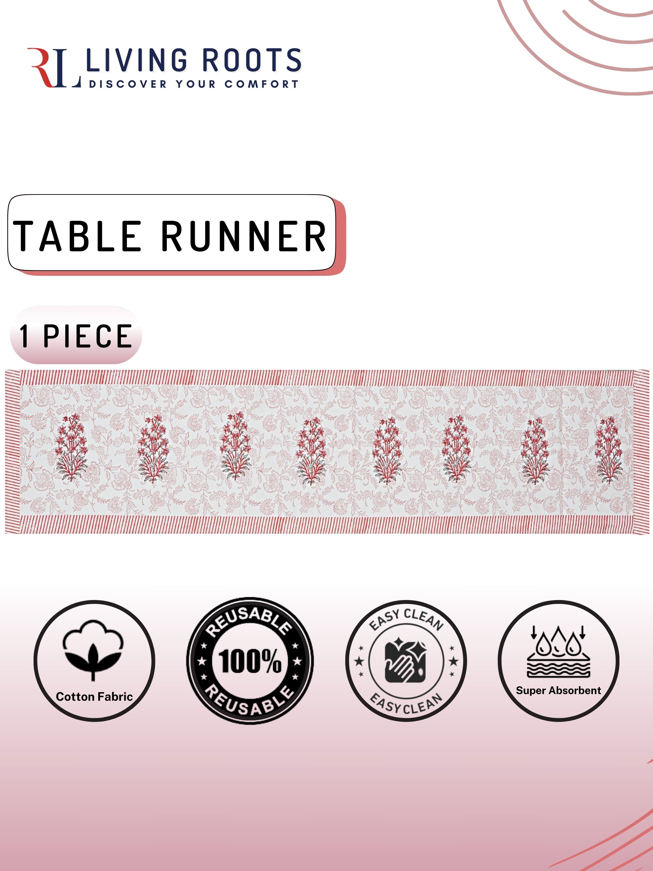 Living Roots Canvas Cotton Table Runner(1 Piece) White & Pink, Table Placemats, Elegant Dining Dcor | Wipeable | Heat-Resistant | Easy to Maintain - Perfect for Protecting Your Dining Table (71-RUNNER1PC-007)