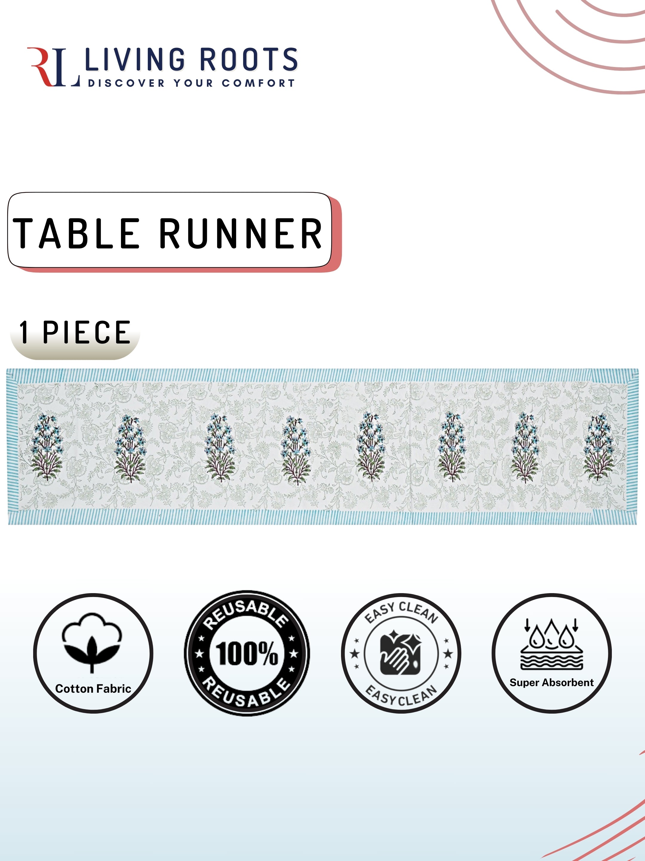 Living Roots Canvas Cotton Table Runner(1 Piece) White & Blue, Table Placemats, Elegant Dining Dcor | Wipeable | Heat-Resistant | Easy to Maintain - Perfect for Protecting Your Dining Table (71-RUNNER1PC-011)