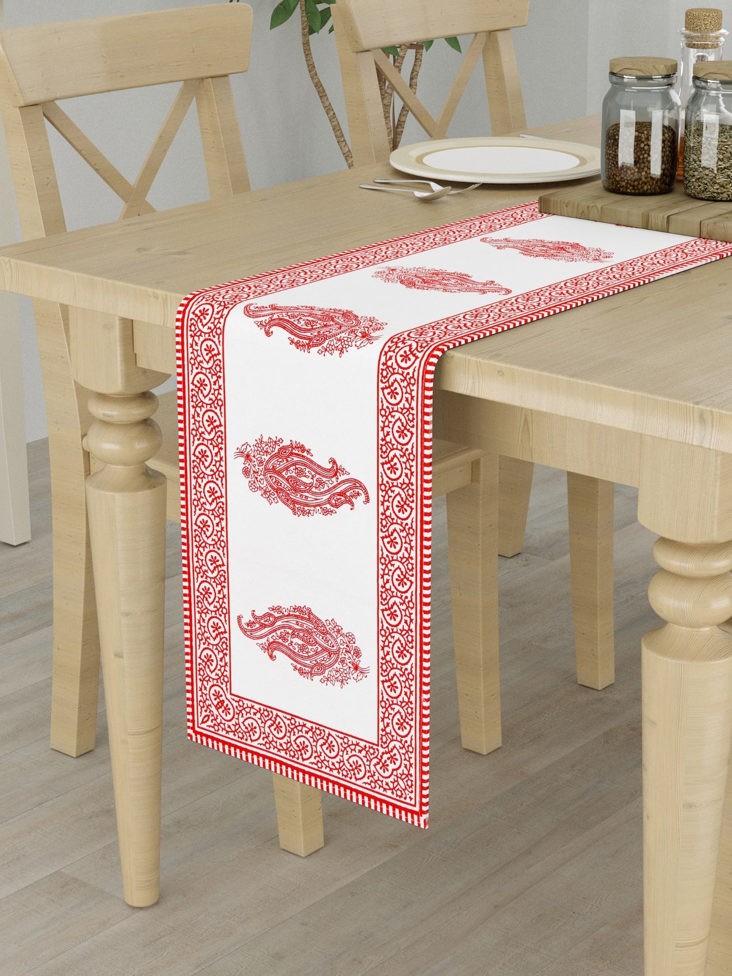 Hand Block Printed Red & White Table Runner, Mat and Napkin Set for Center/Dining Table