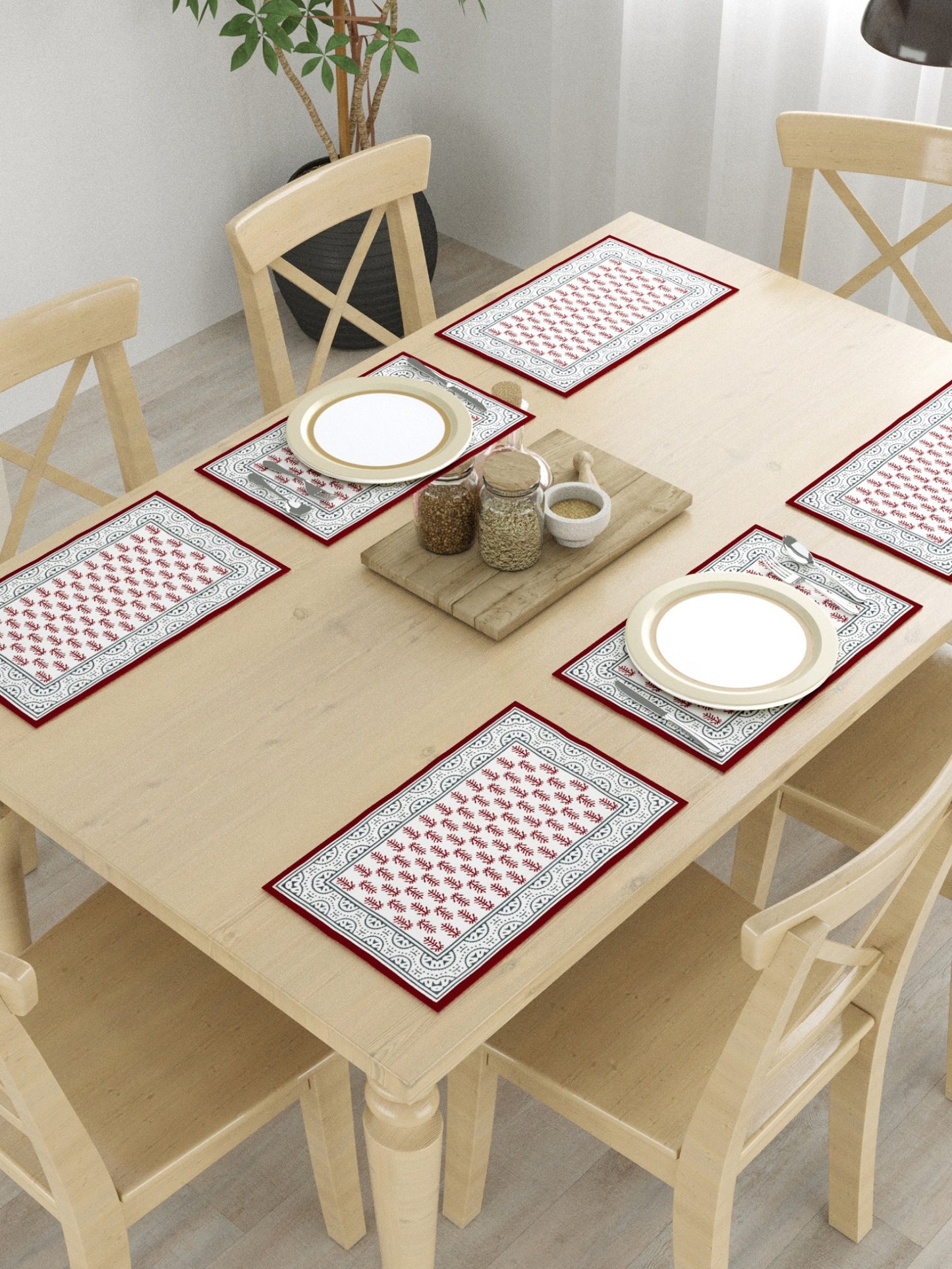 LIVING ROOTS Hand Block Printed Red & Cream Table Runner, Mat and Napkin Set for Center/Dining Table (71-NAPKIN6PC-003)