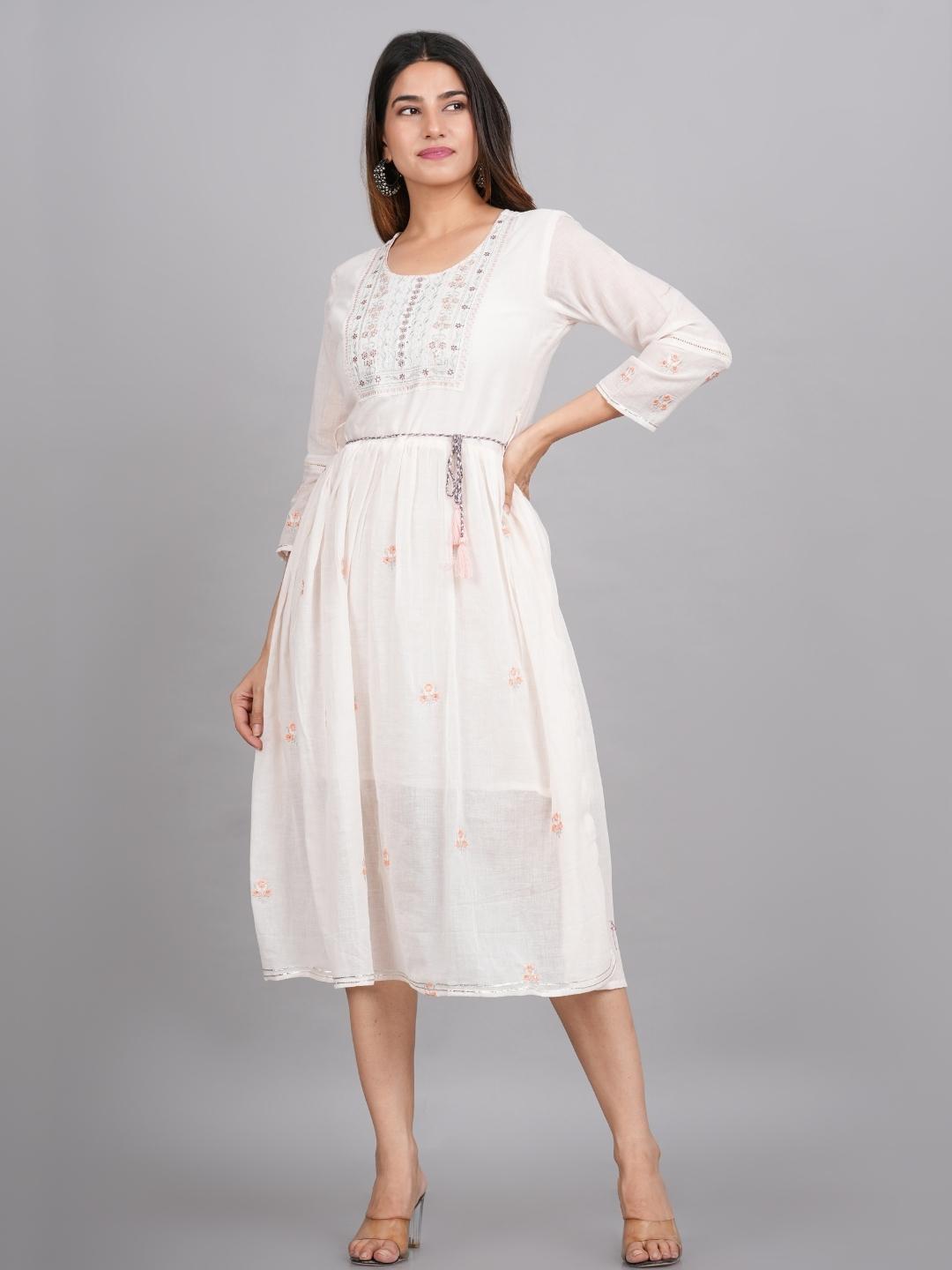 LIVING ROOTS Women White Motifs Embroidered Pure Cotton-One Piece (W-1PC-002-M)