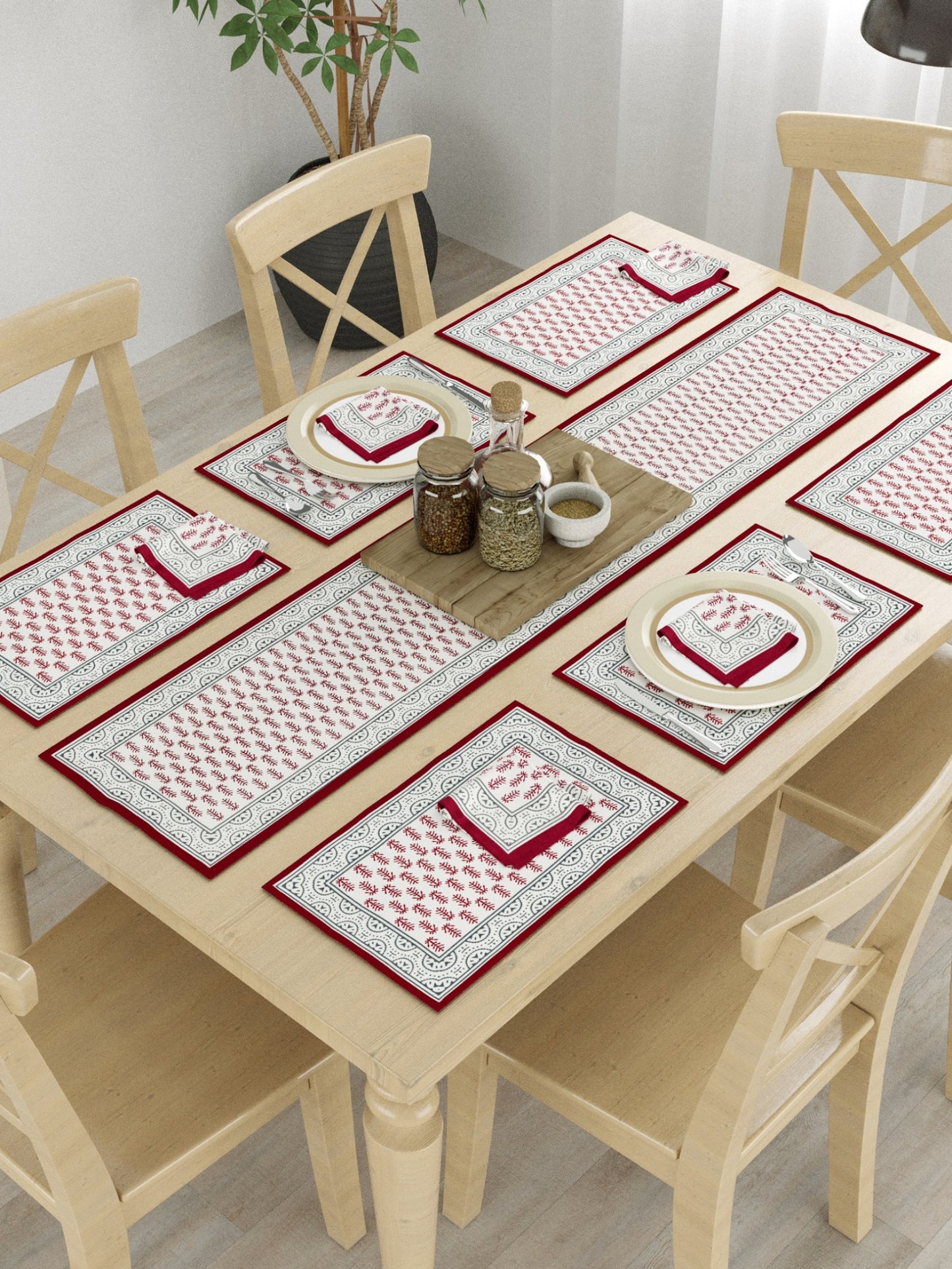 LIVING ROOTS Hand Block Printed Red & Cream Table Runner, Mat and Napkin Set for Center/Dining Table (71-NAPKIN6PC-003)