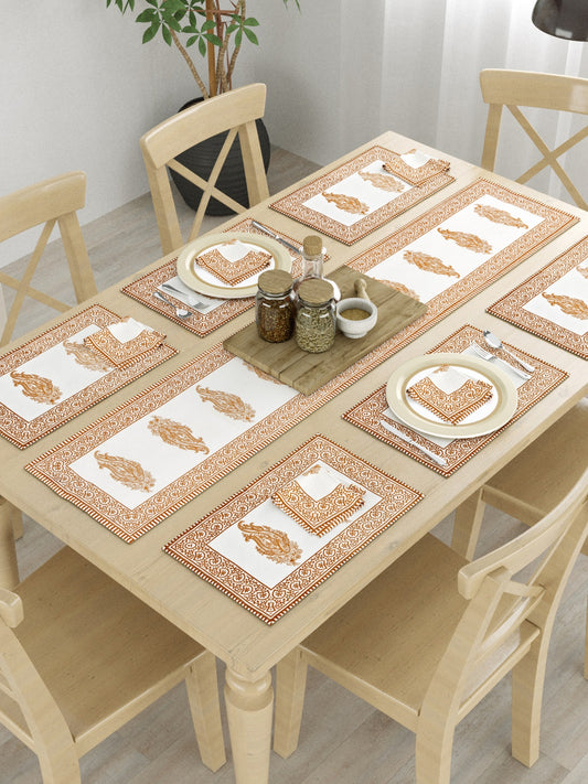 Hand Block Printed Orange & White Table Runner, Mat and Napkin Set for Center/Dining Table