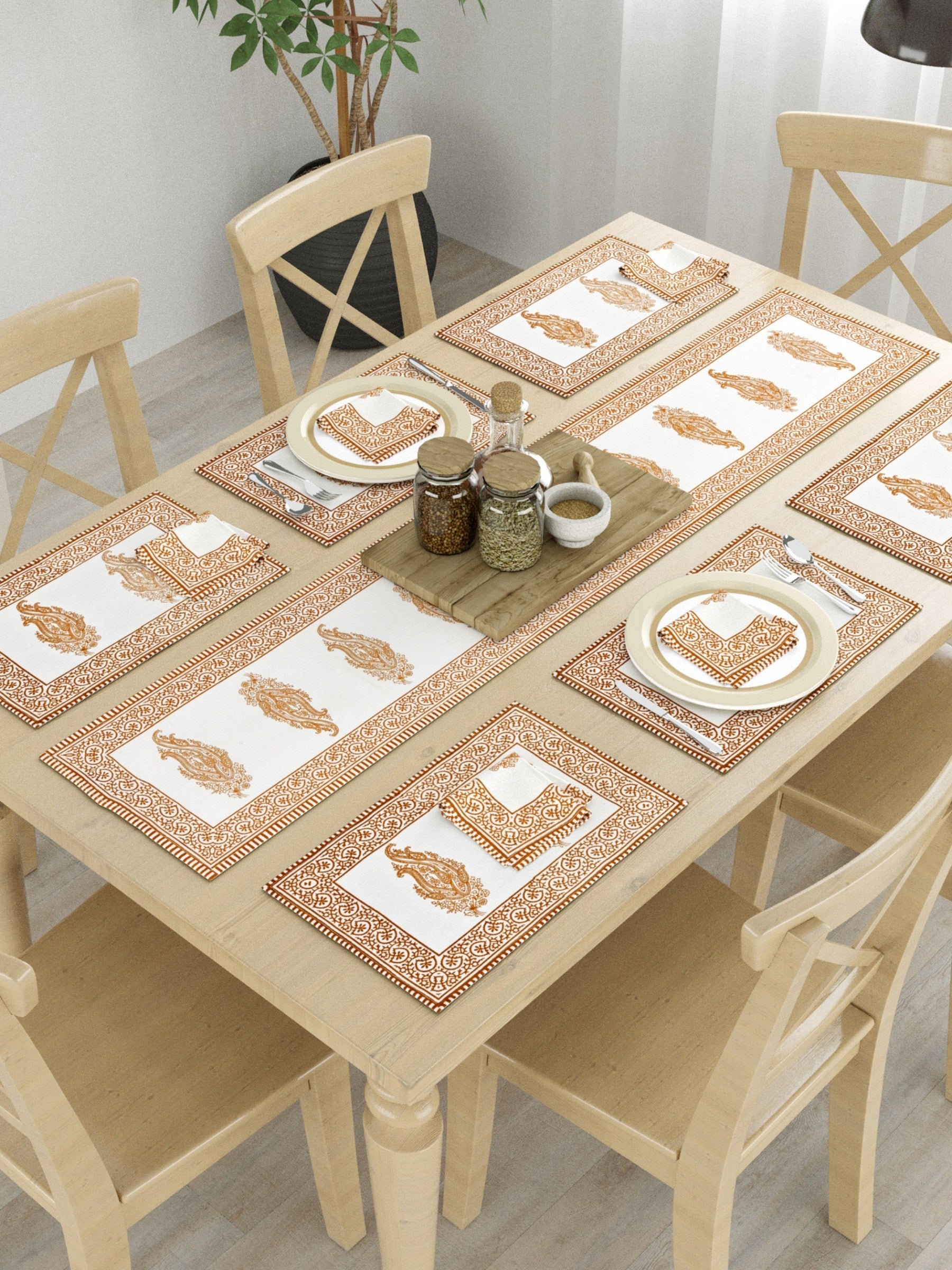 LIVING ROOTS Hand Block Printed Orange & White Table Runner, Mat and Napkin Set for Center/Dining Table (71-NAPKIN6PC-004)