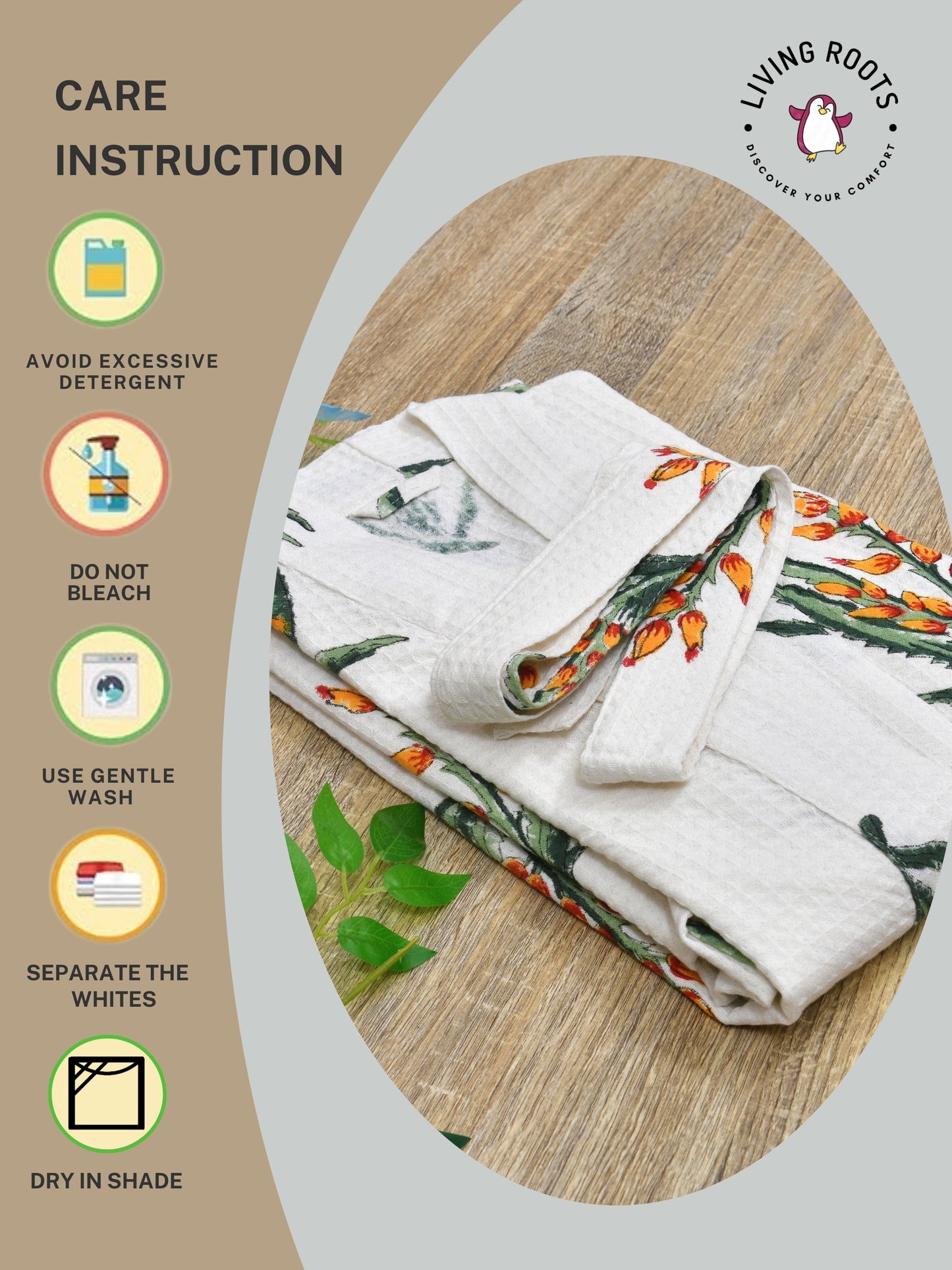 Living Roots Cotton Waffle Handblock Printed Unisex Bathrobe - Free Size (Set Of 1) (001)