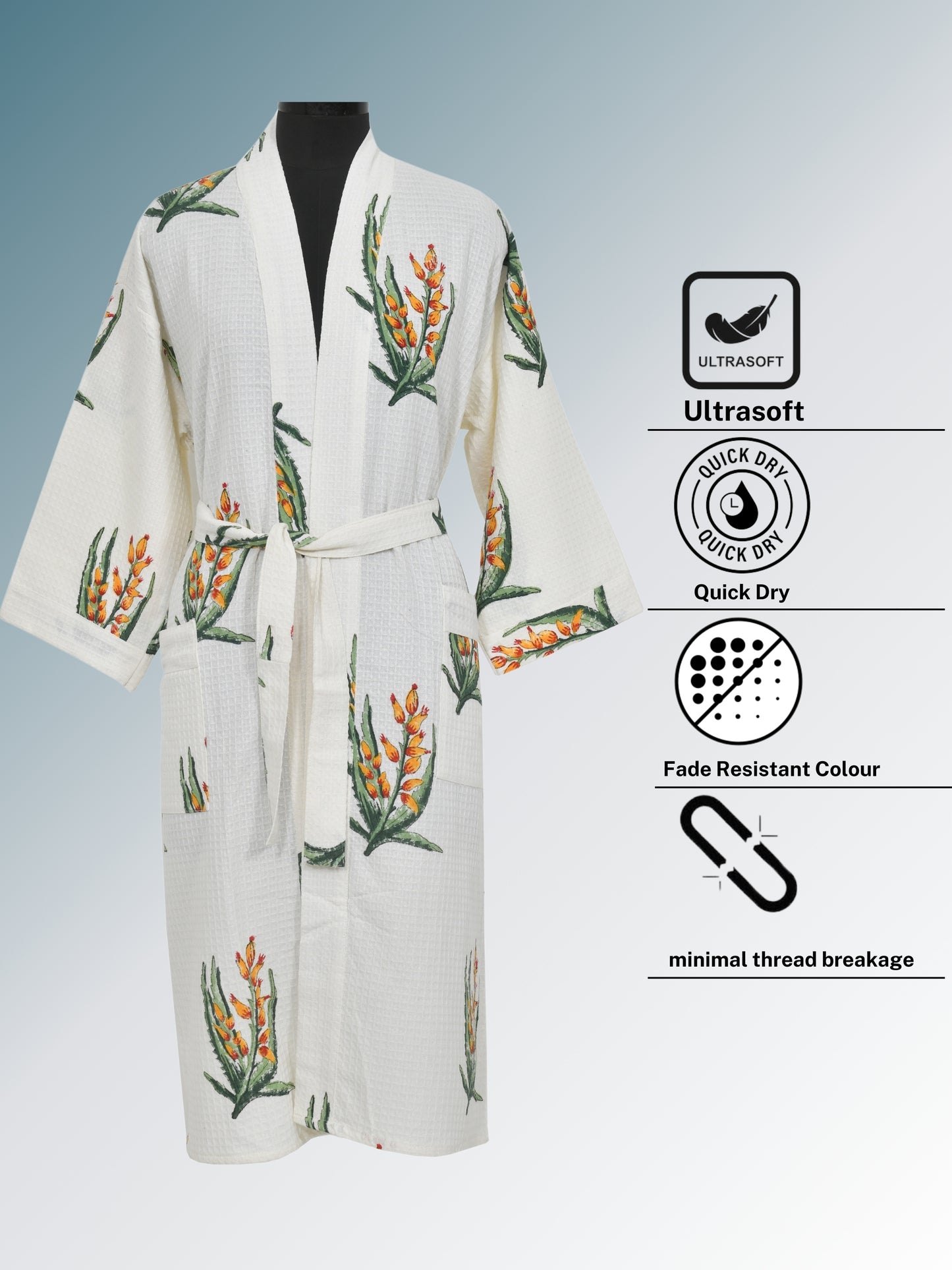 Living Roots Cotton Waffle Handblock Printed Unisex Bathrobe - Free Size (Set Of 1) (001)