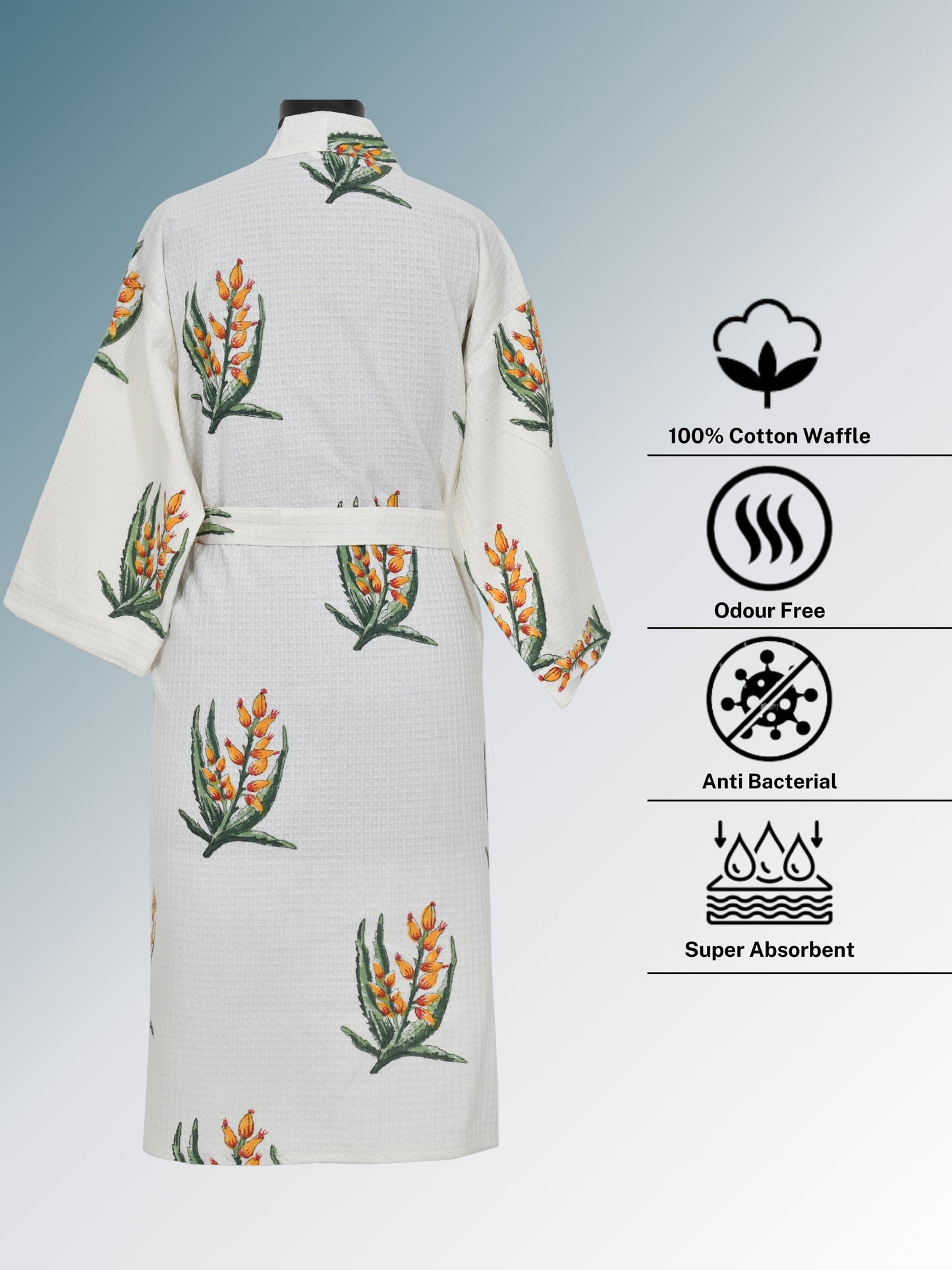 Living Roots Cotton Waffle Handblock Printed Unisex Bathrobe - Free Size (Set Of 1) (001)