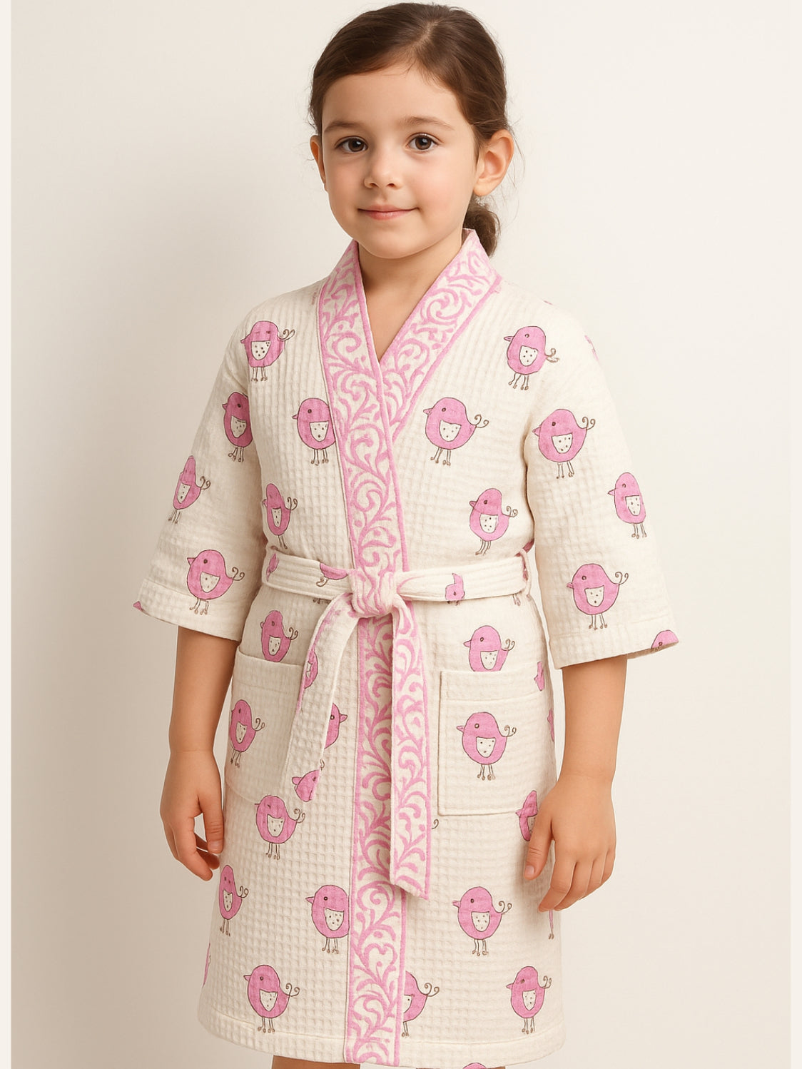 Handblock Printed Cotton Waffle Unisex Kids Bathrobe - Free Size (Set Of 1) (001-KIDS)