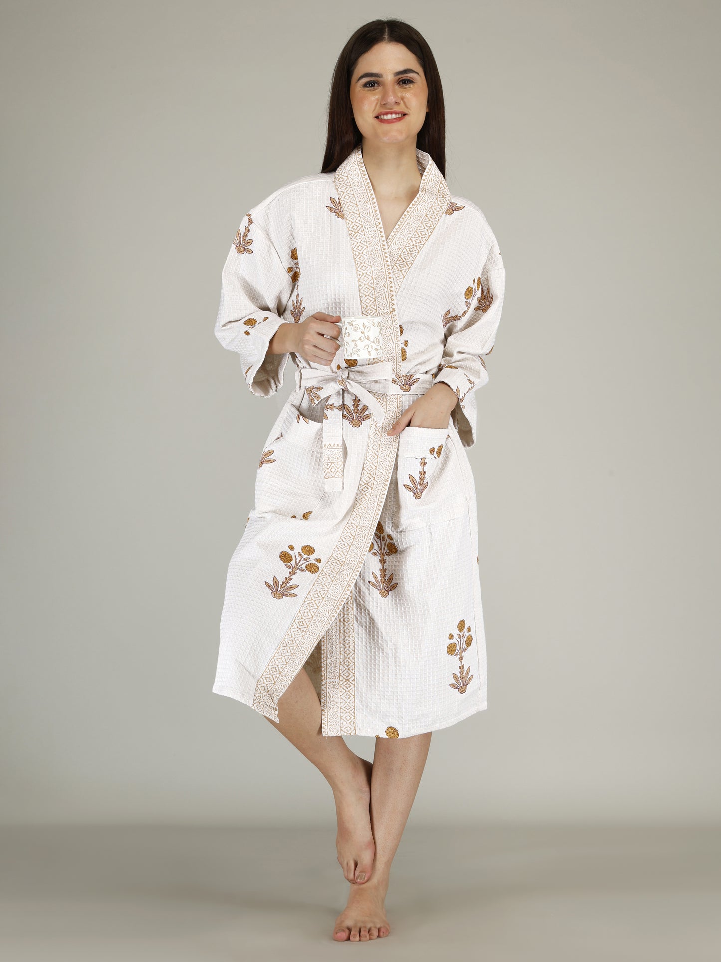 Handblock Printed Cotton Waffle Unisex Bath Robe - Free Size (Set Of 1) (002-BIG)