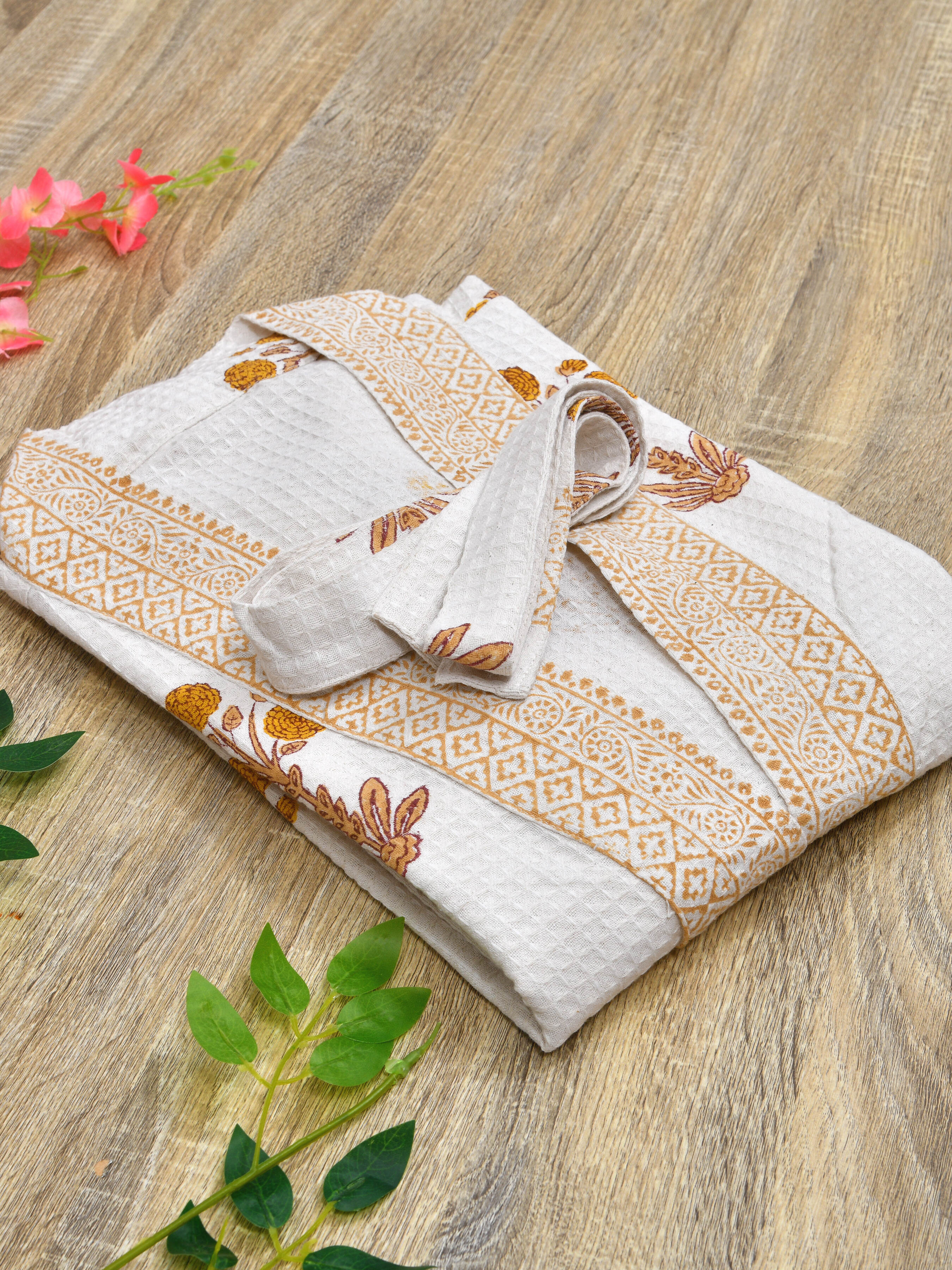 Handblock Printed Cotton Waffle Unisex Bath Robe - Free Size (Set Of 1) (002-BIG)