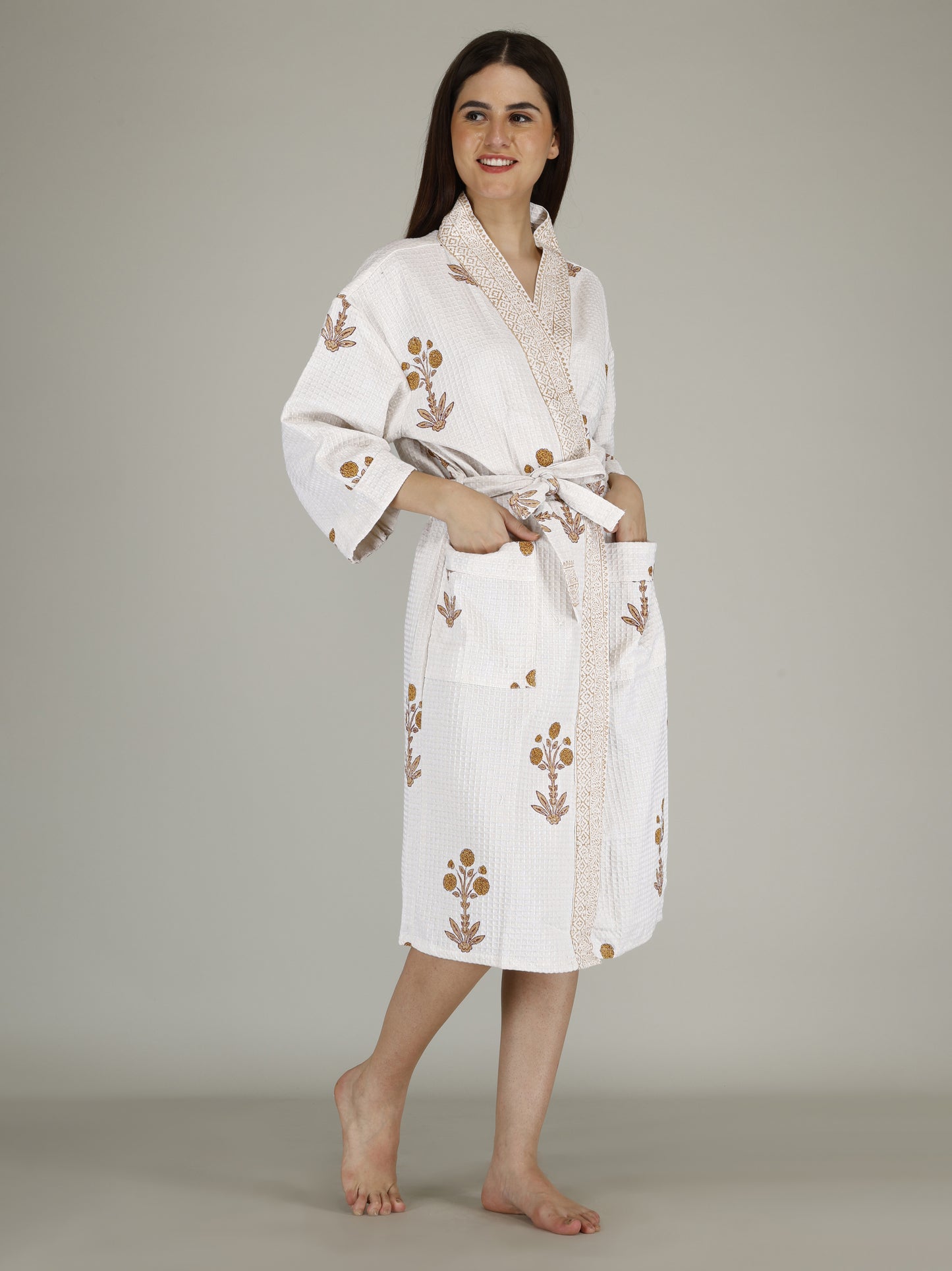 Handblock Printed Cotton Waffle Unisex Bath Robe - Free Size (Set Of 1) (002-BIG)