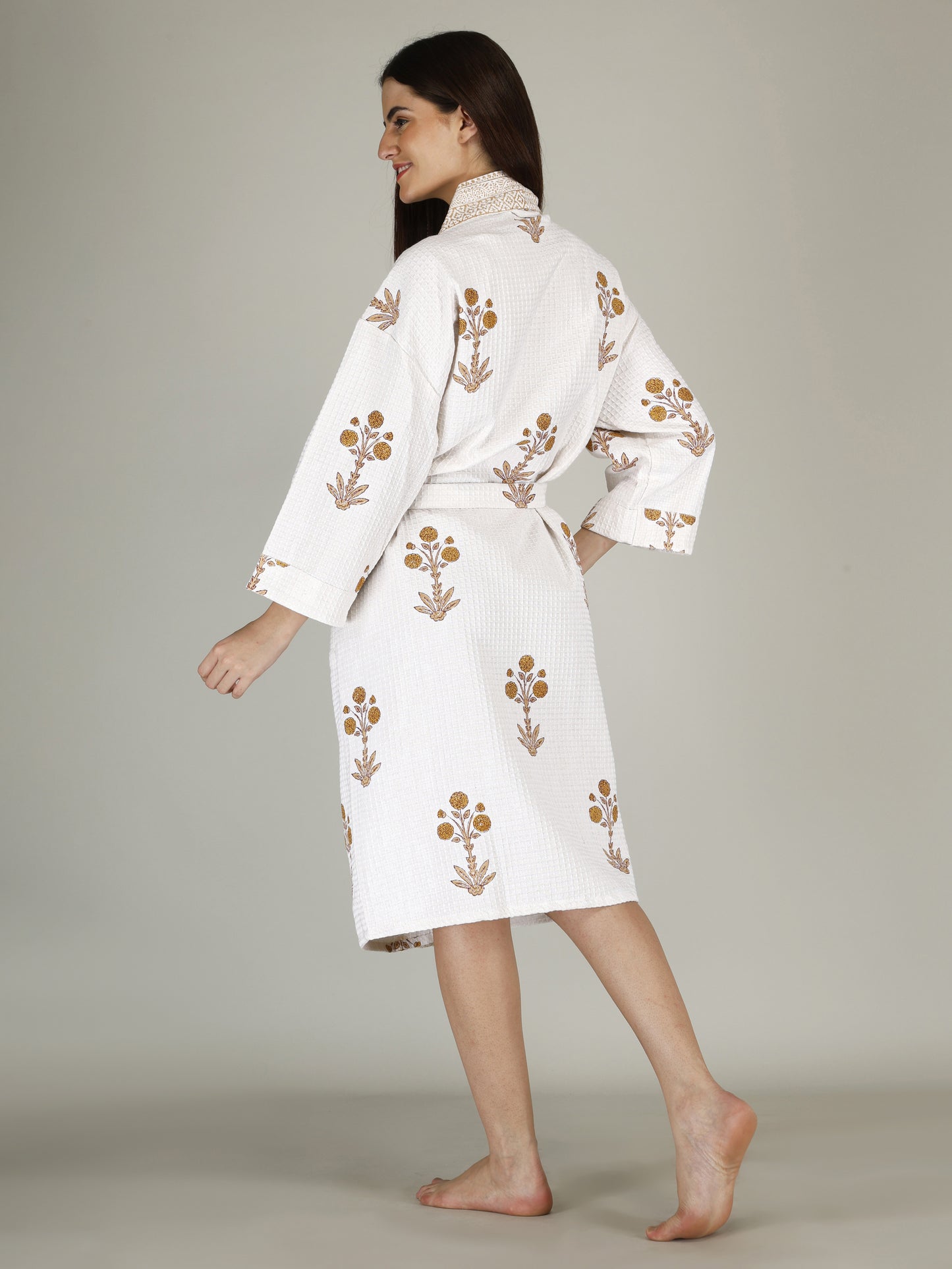 Handblock Printed Cotton Waffle Unisex Bath Robe - Free Size (Set Of 1) (002-BIG)