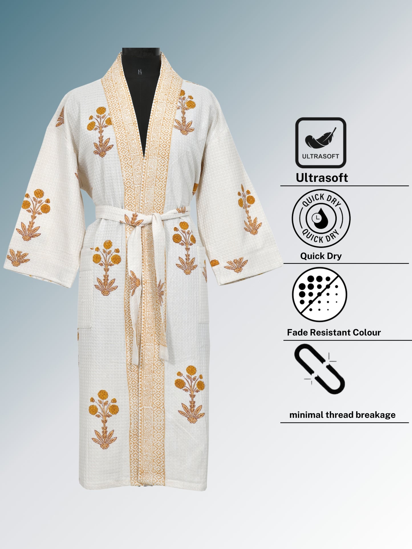 Handblock Printed Cotton Waffle Unisex Bath Robe - Free Size (Set Of 1) (002-BIG)