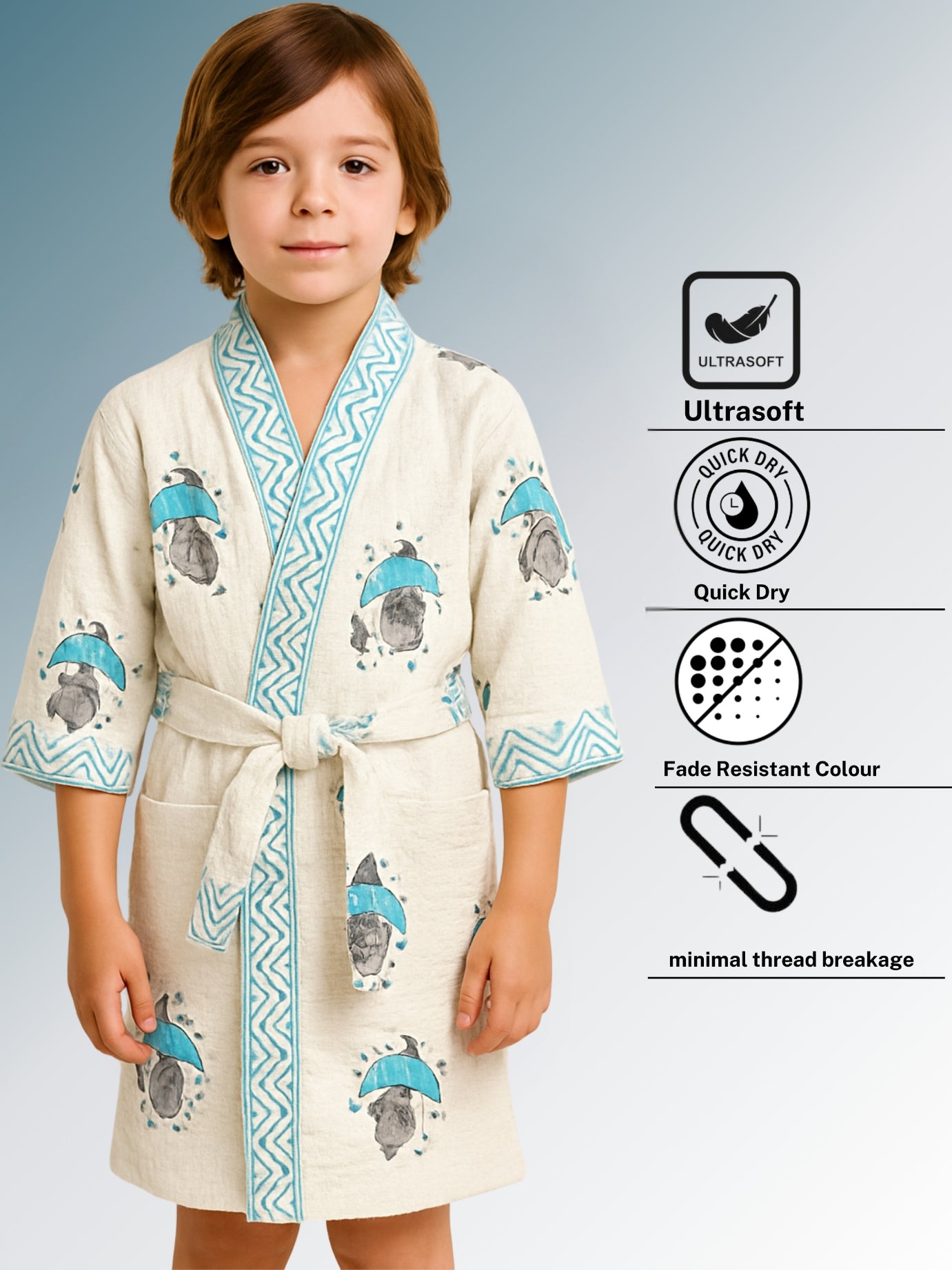 Handblock Printed Cotton Waffle Unisex Kids Bathrobe - Free Size (Set Of 1) (002-KIDS)