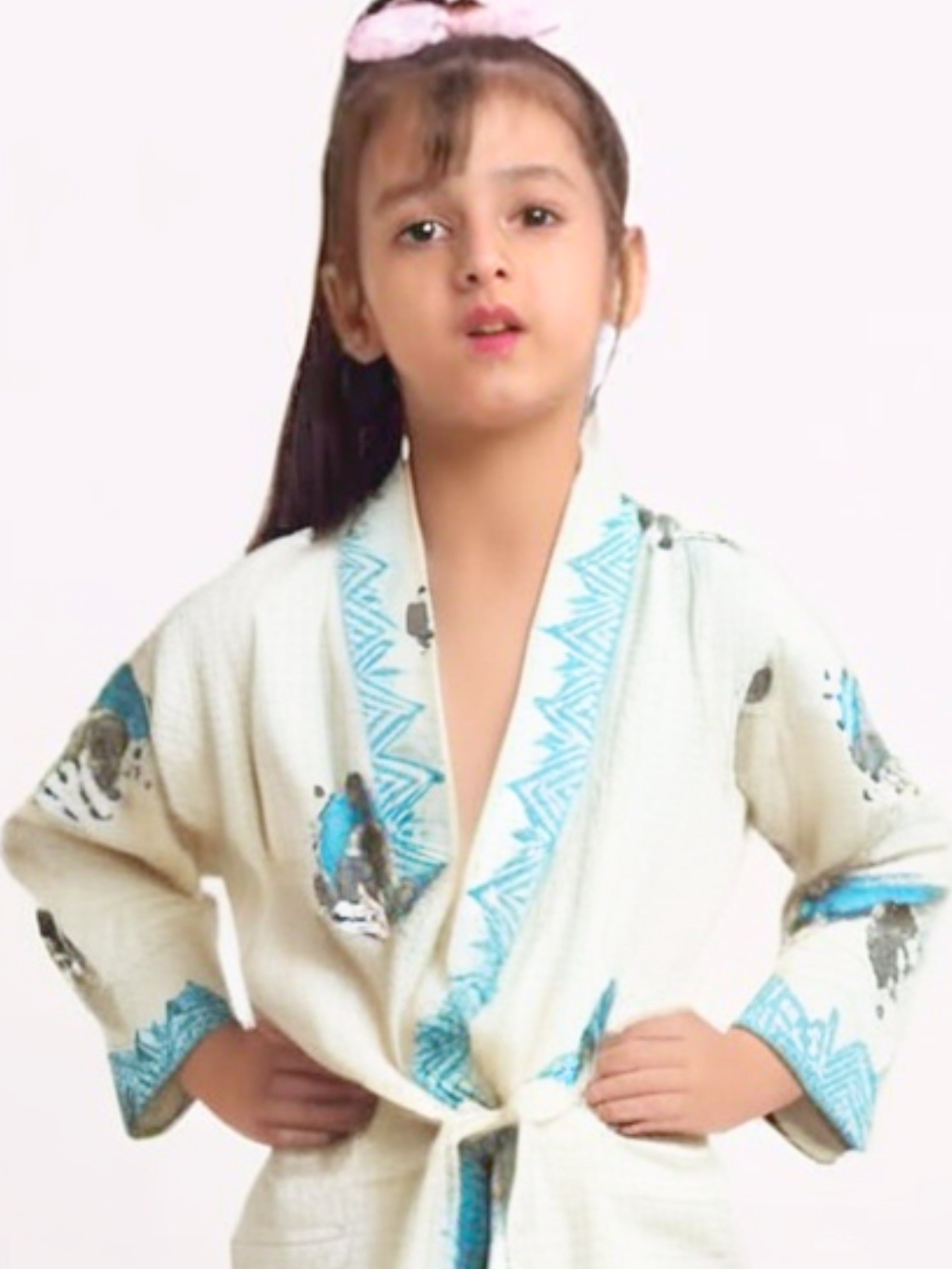 Handblock Printed Cotton Waffle Unisex Kids Bathrobe - Free Size (Set Of 1) (002-KIDS)