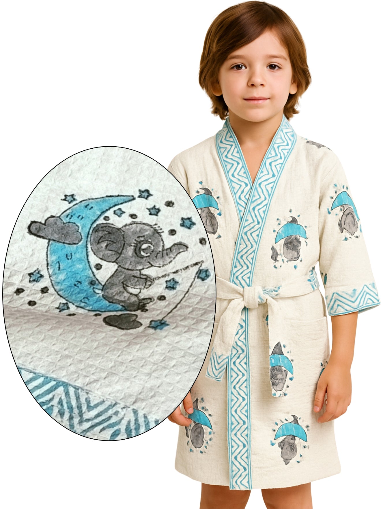 Handblock Printed Cotton Waffle Unisex Kids Bathrobe - Free Size (Set Of 1) (002-KIDS)