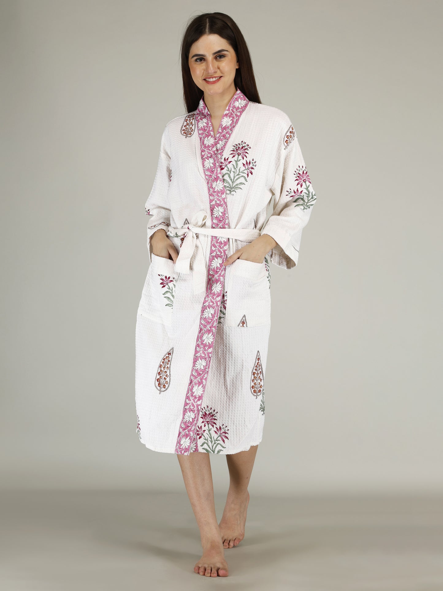 Handblock Printed Cotton Waffle Unisex Bath Robe - Free Size (Set Of 1) (003-BIG)