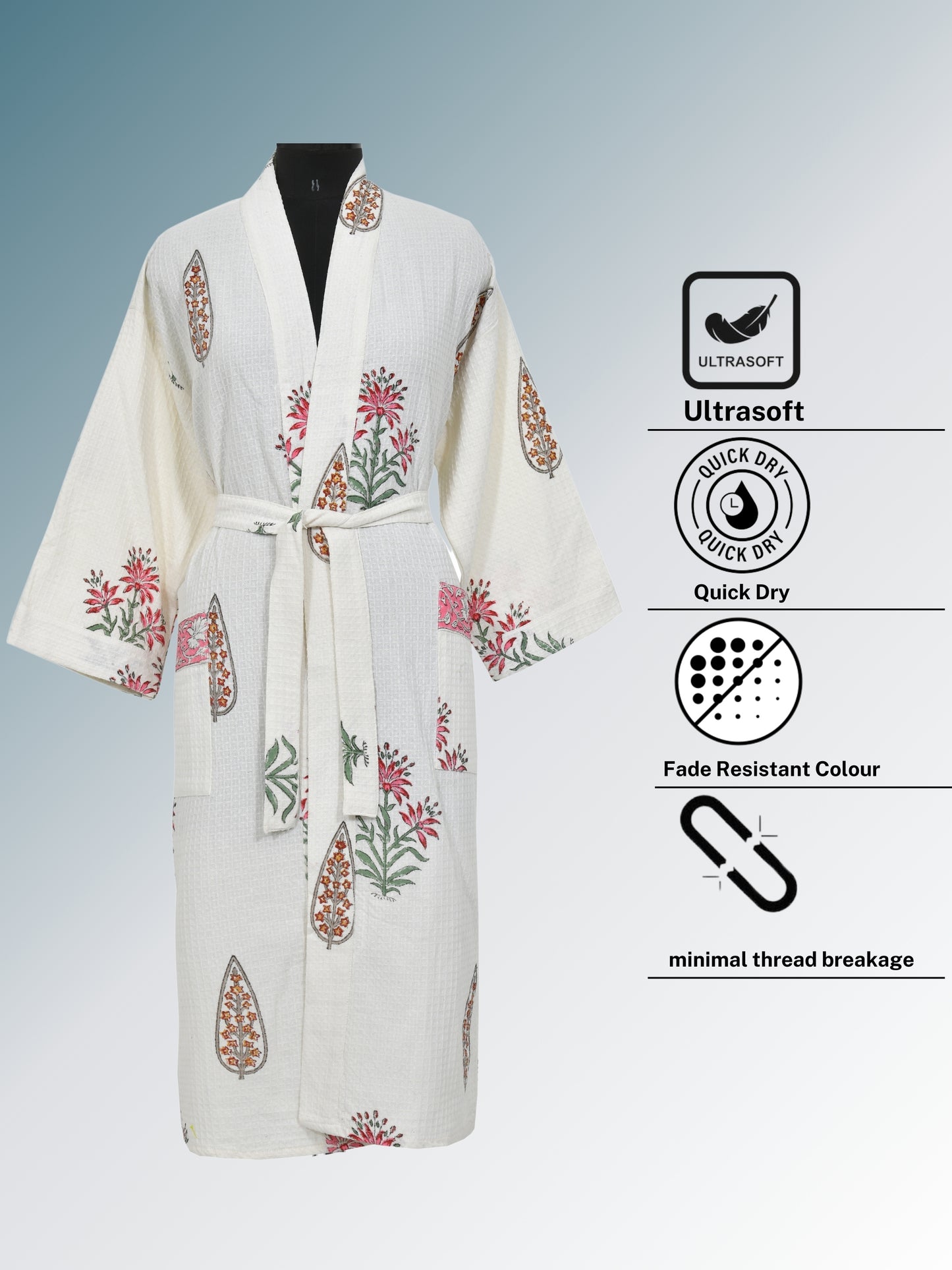 Handblock Printed Cotton Waffle Unisex Bath Robe - Free Size (Set Of 1) (003-BIG)