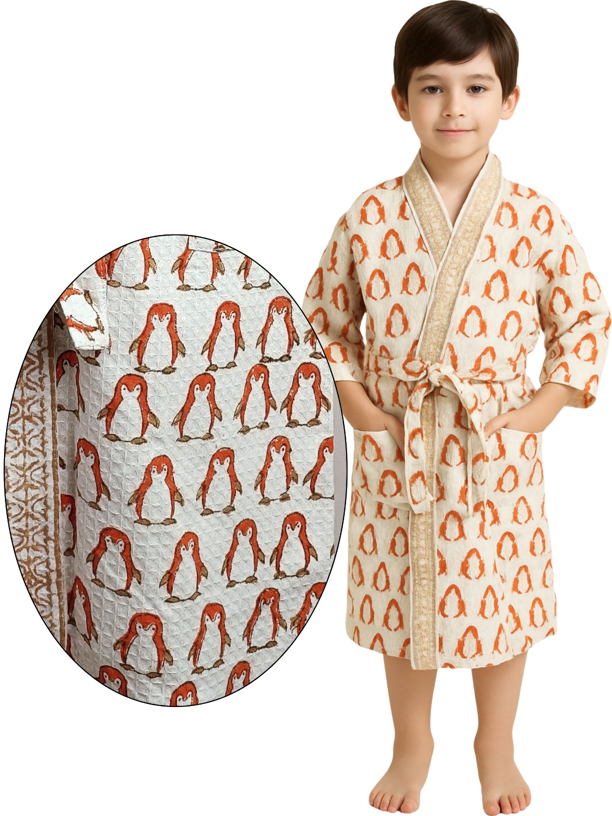 Handblock Printed Cotton Waffle Unisex Kids Bathrobe - Free Size (Set Of 1) (003-KIDS)