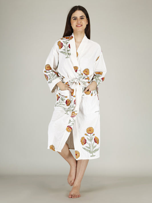 Handblock Printed Cotton Waffle Unisex Bath Robe - Free Size (Set Of 1) (004-BIG)