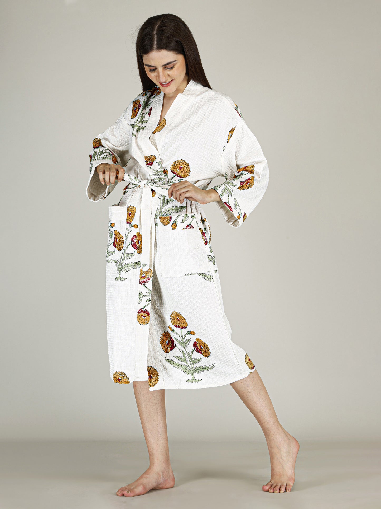 Handblock Printed Cotton Waffle Unisex Bath Robe - Free Size (Set Of 1) (004-BIG)